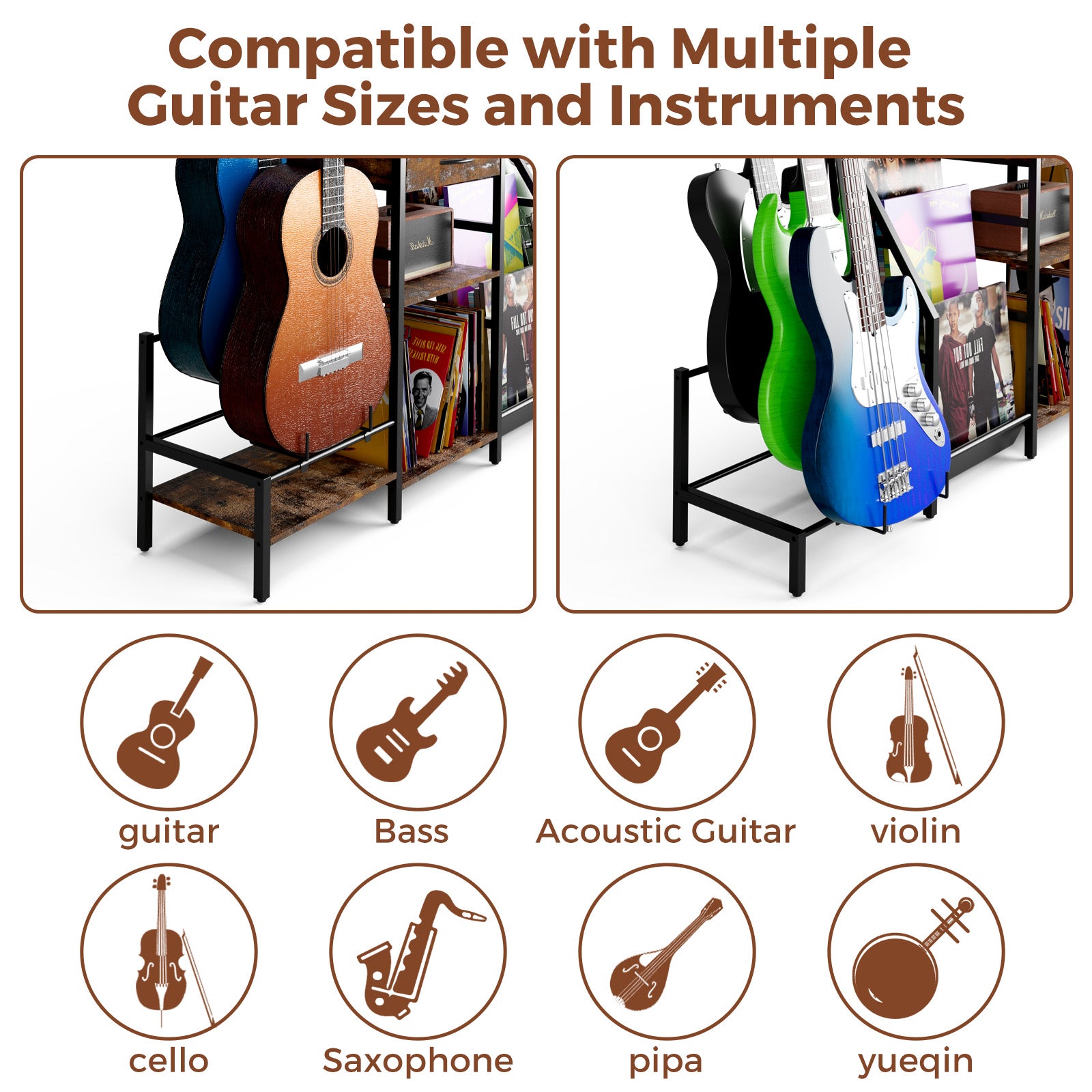 Guitar stand with multiple guitar sizes and instruments displayed, including guitars, bass, acoustic guitar, violin, cello, saxophone, pipa, and yueqin.
