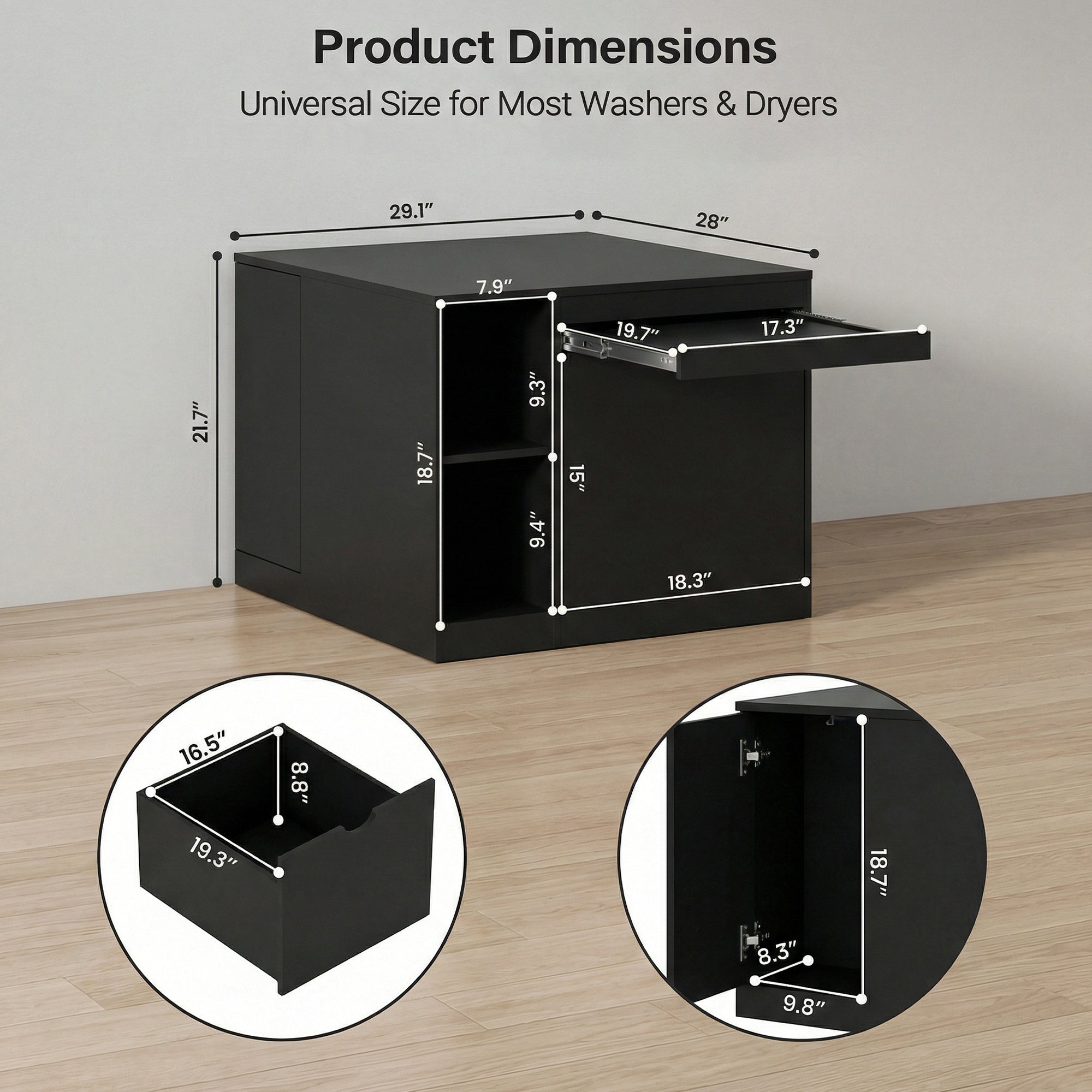 Black storage cabinet with dimensions labeled on a wooden floor.
