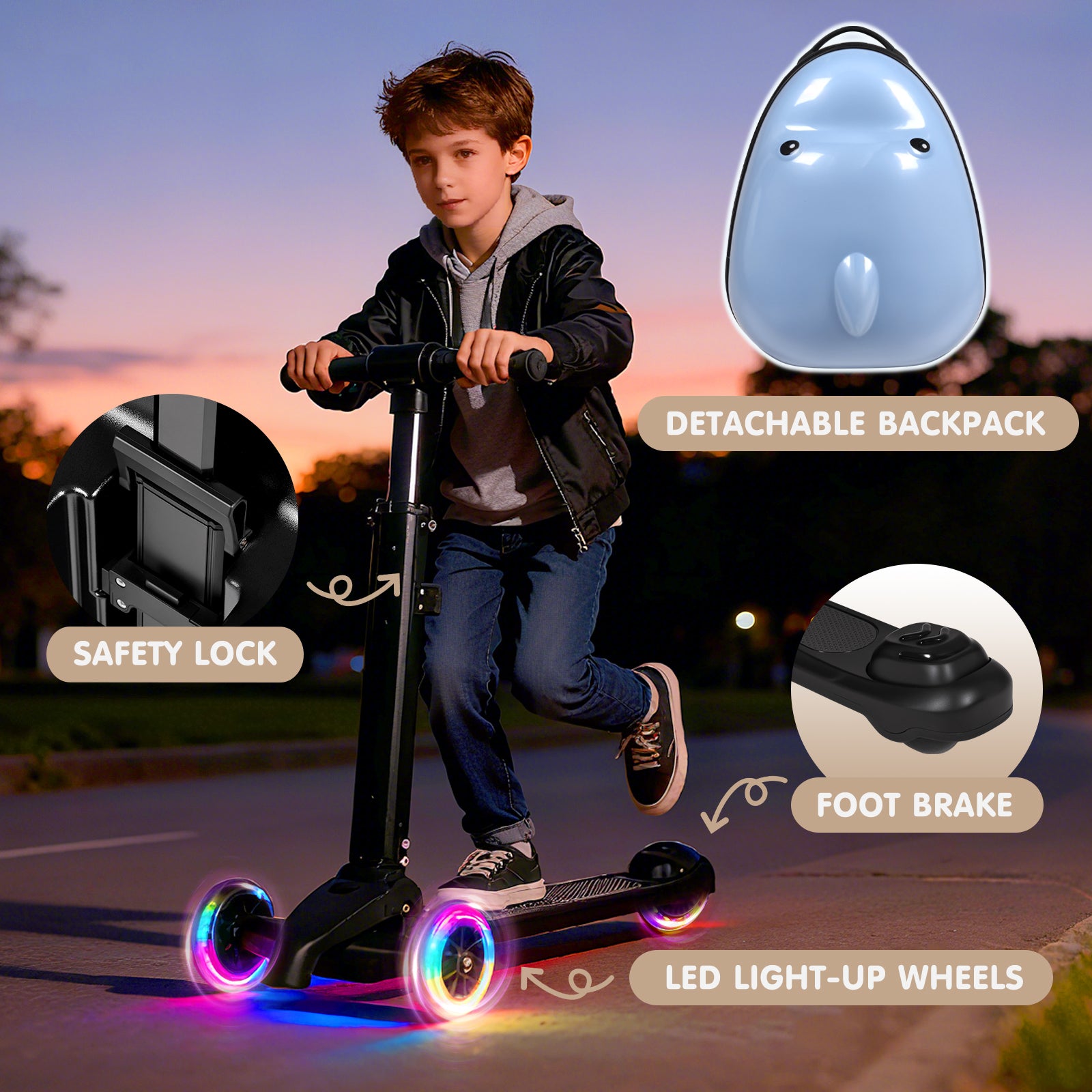 Child riding a scooter with features highlighted, including LED light-up wheels, detachable backpack, safety lock, and foot brake.
