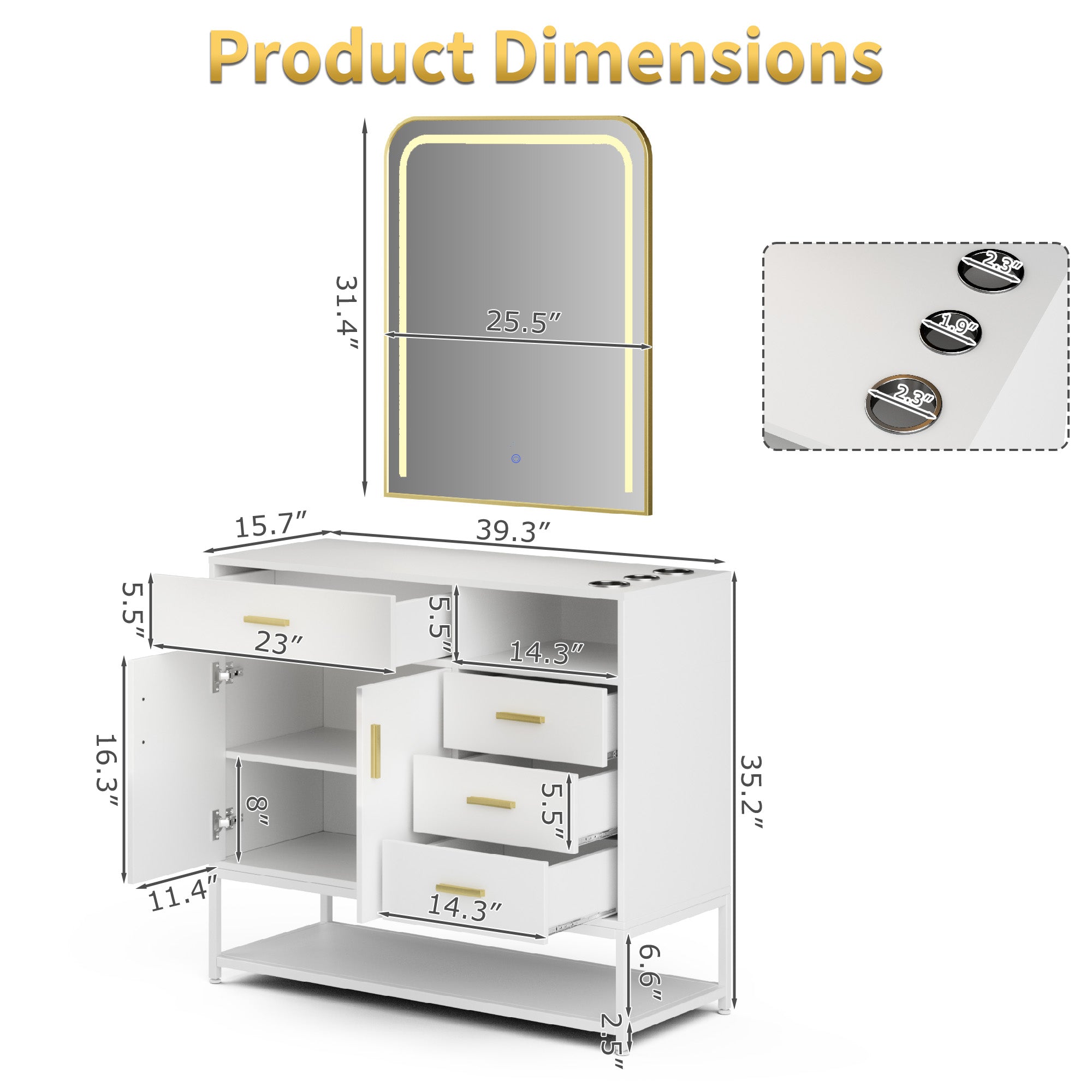 Dimensions of a vanity table with mirror and drawers on a white background