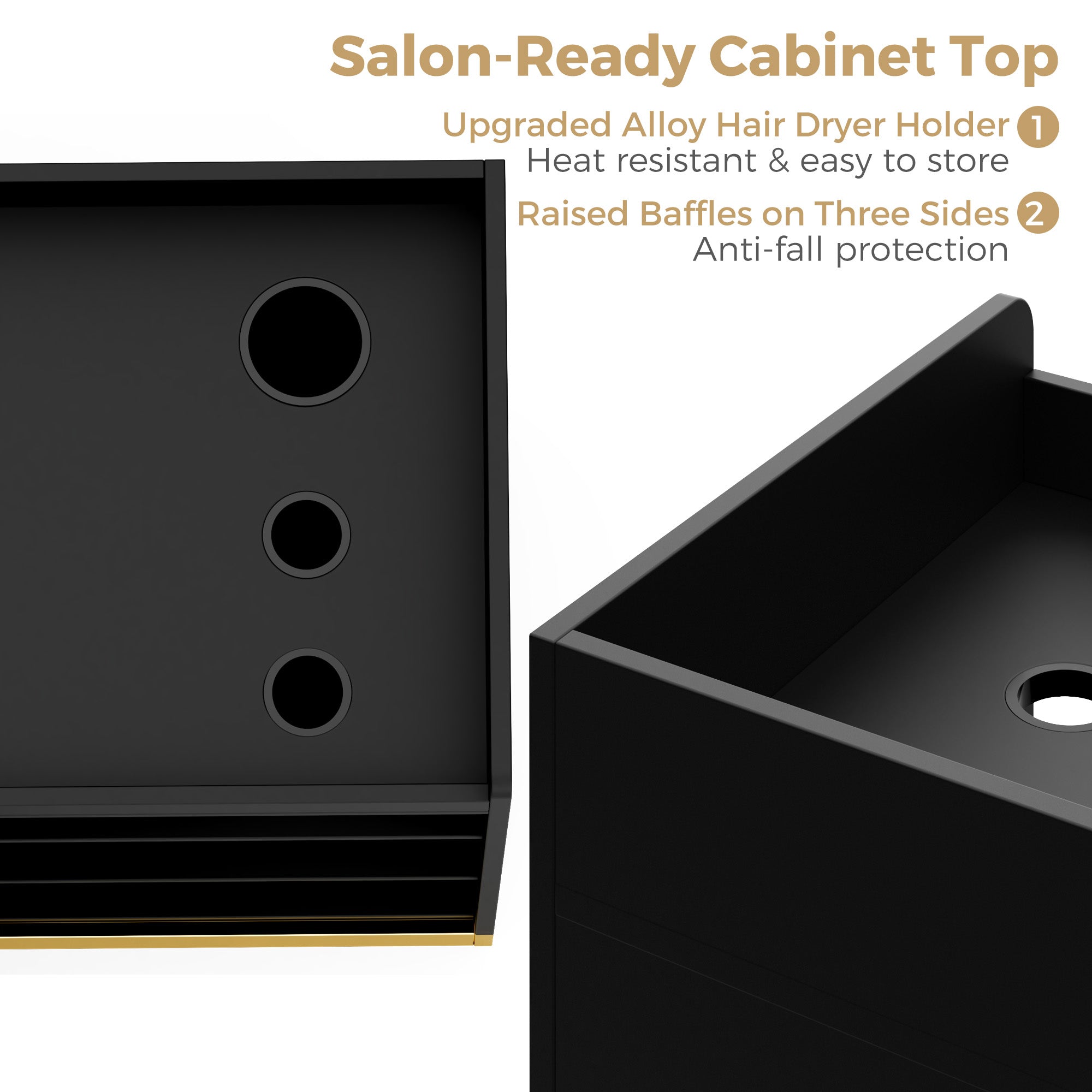 Black salon-ready cabinet top with hair dryer holder and raised baffles on a white background