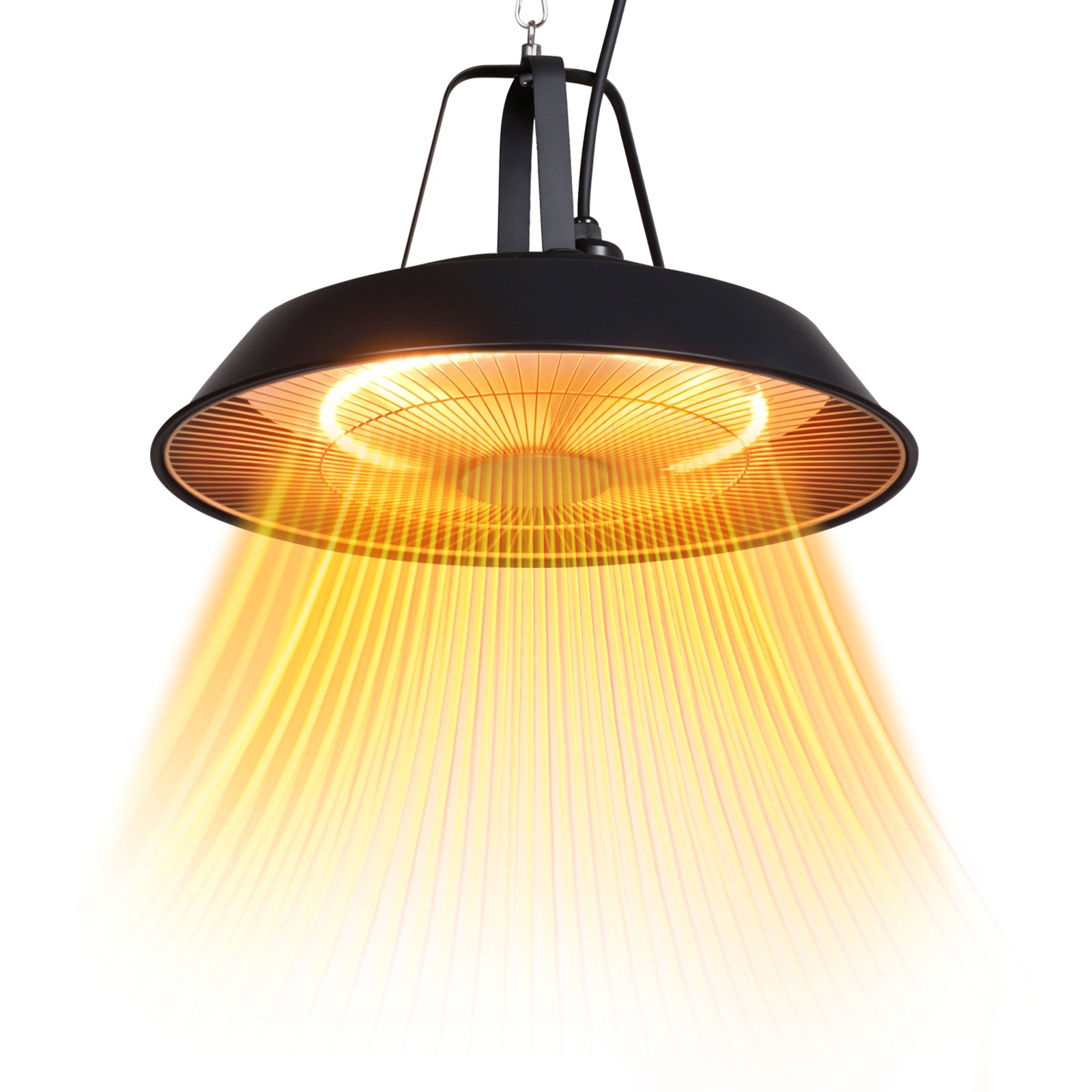 Black pendant light with a glowing interior on a white background