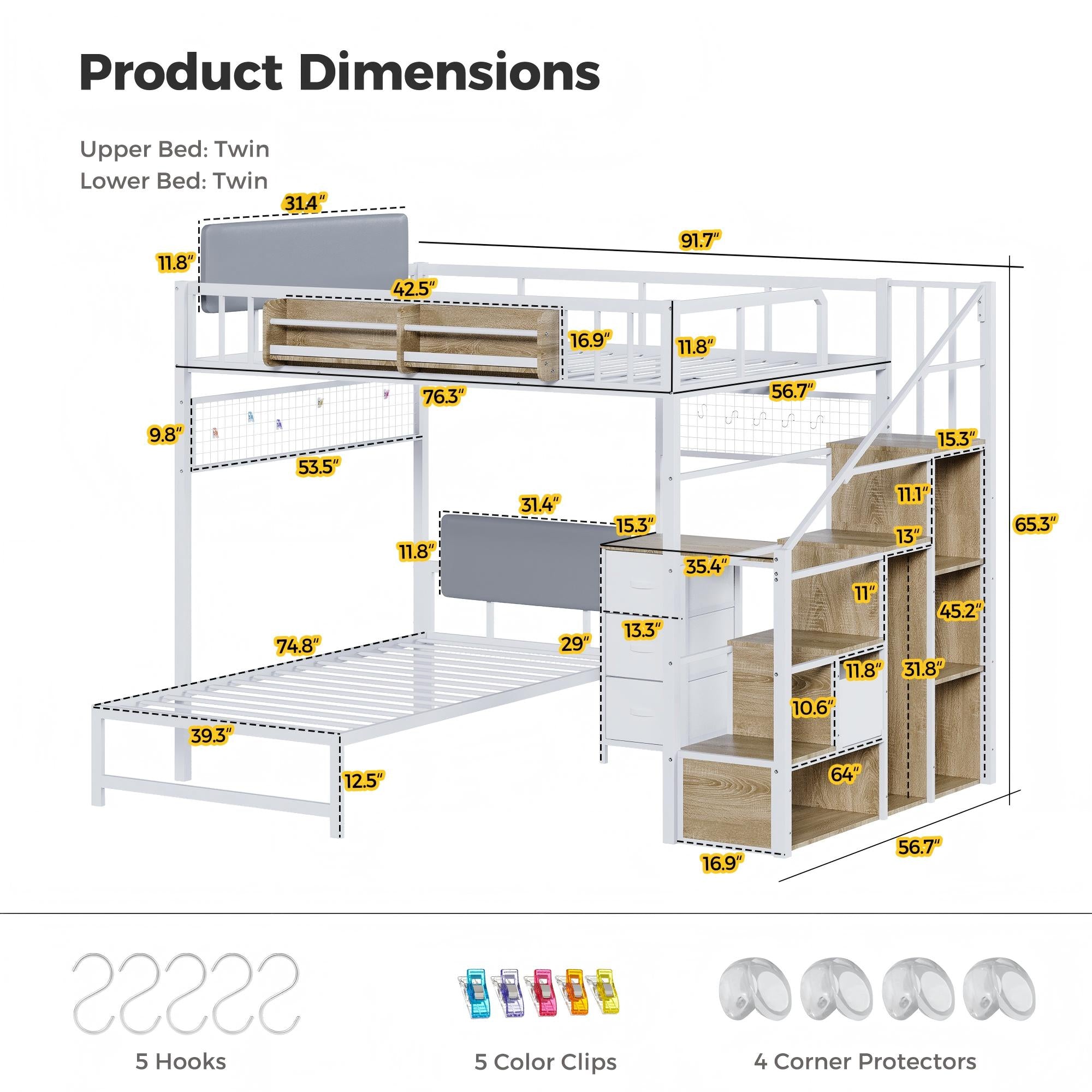 Dimensions of a metal loft bed with stairs and shelves, including product dimensions and accessories.