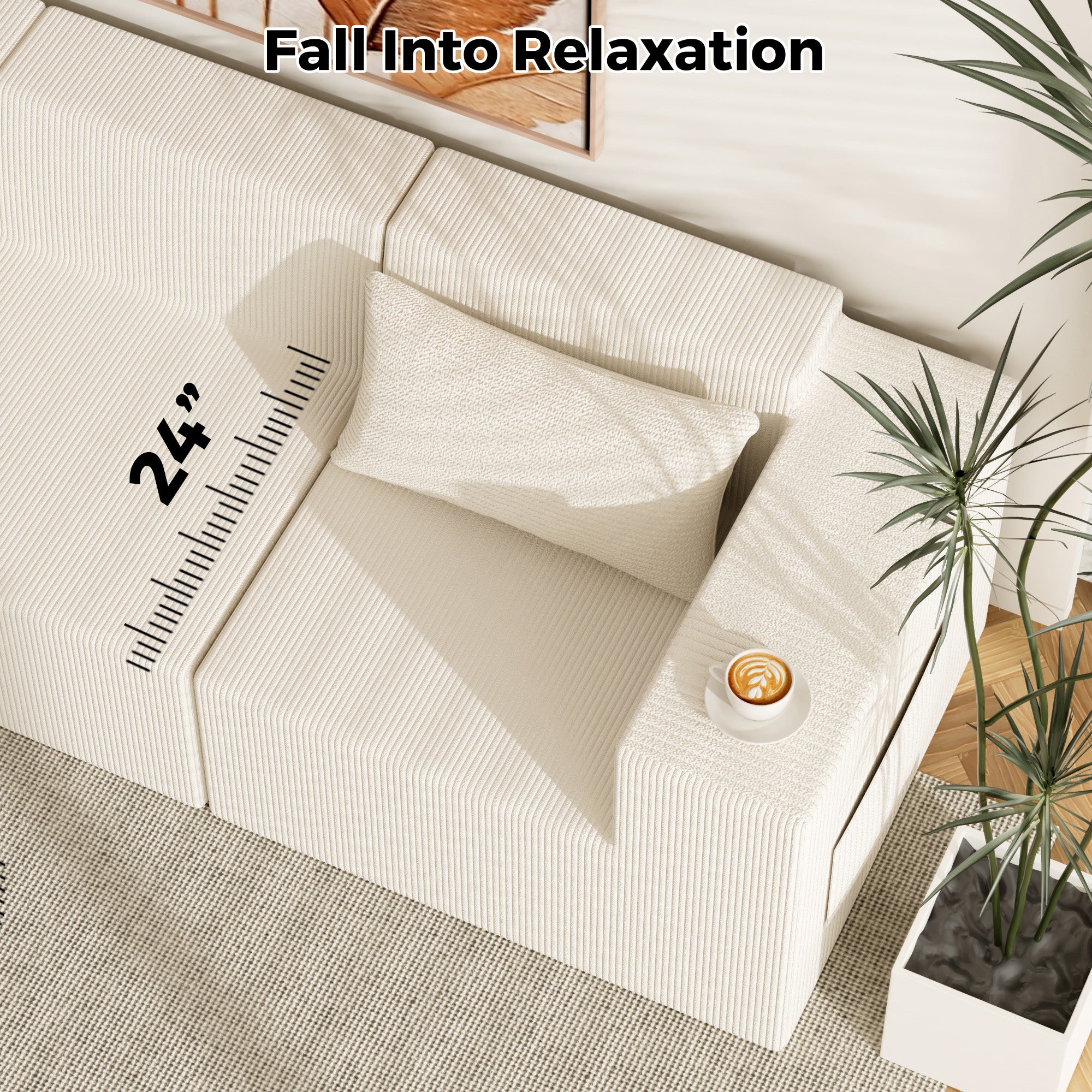 Beige sofa with a pillow and plant, labeled 'Fall Into Relaxation'.