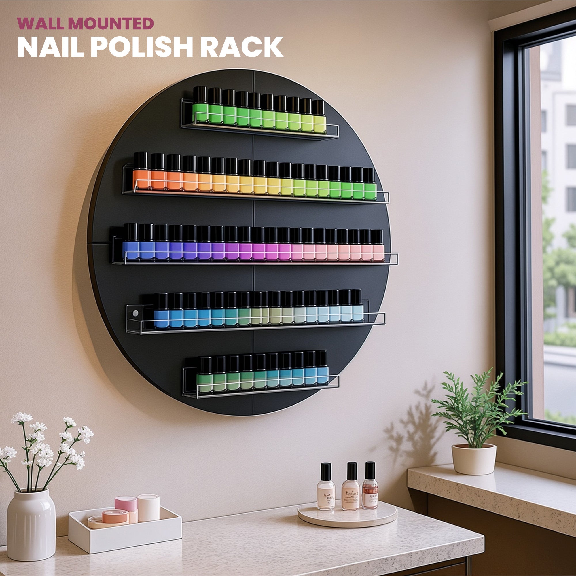 Wall-mounted nail polish rack with colorful bottles in a modern room.