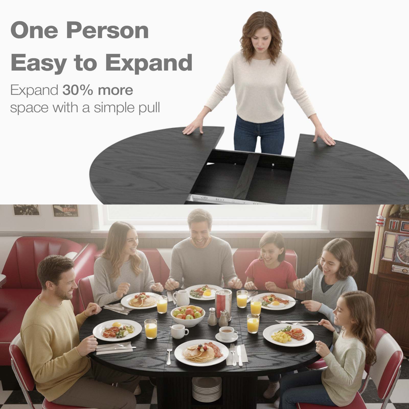 Woman expanding a round dining table with text indicating it can expand by 30%.