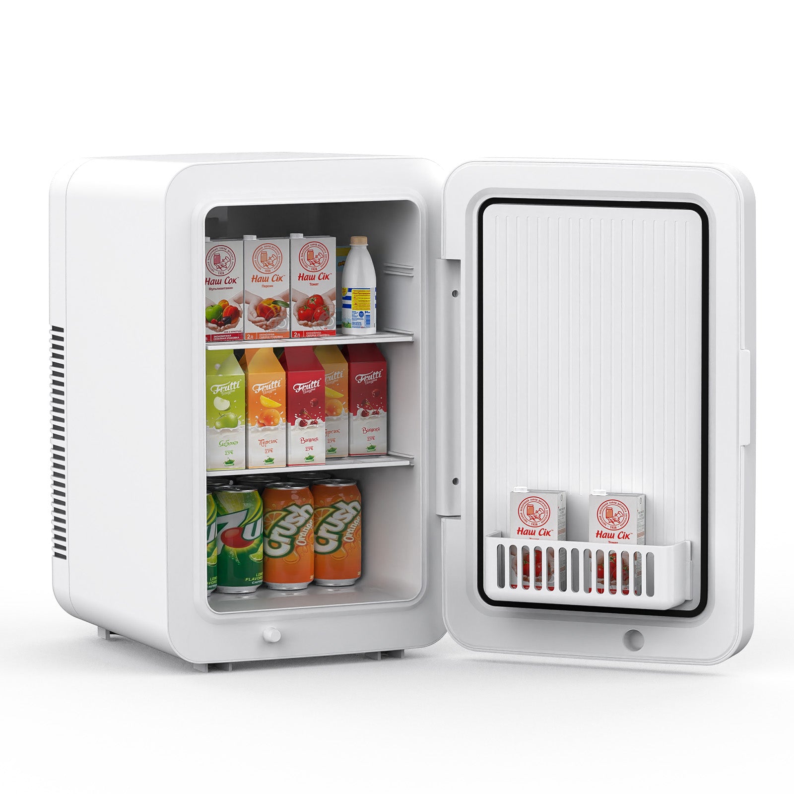 Small white refrigerator with open door displaying various drinks on a white background