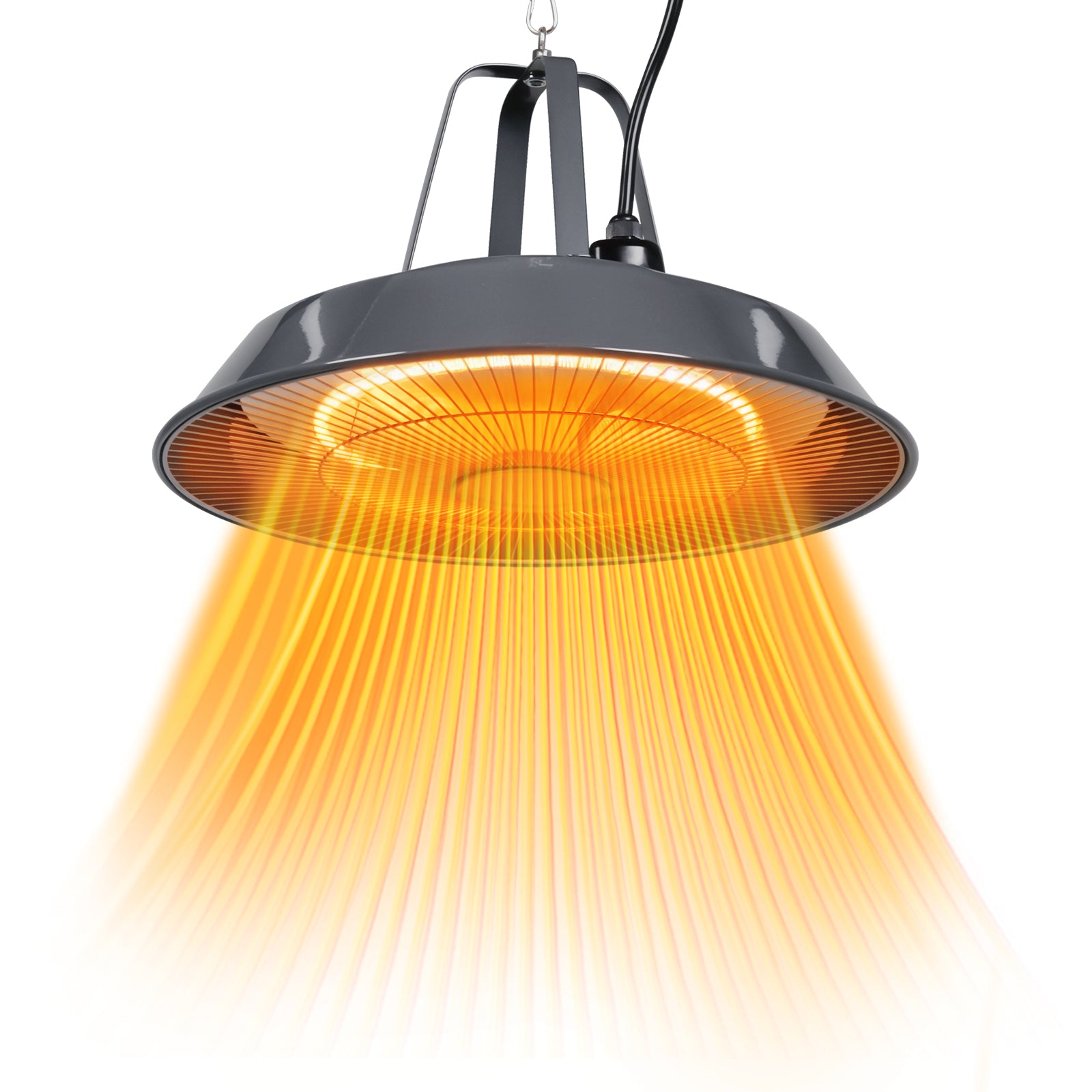 Hanging light fixture with a glowing orange interior on a white background