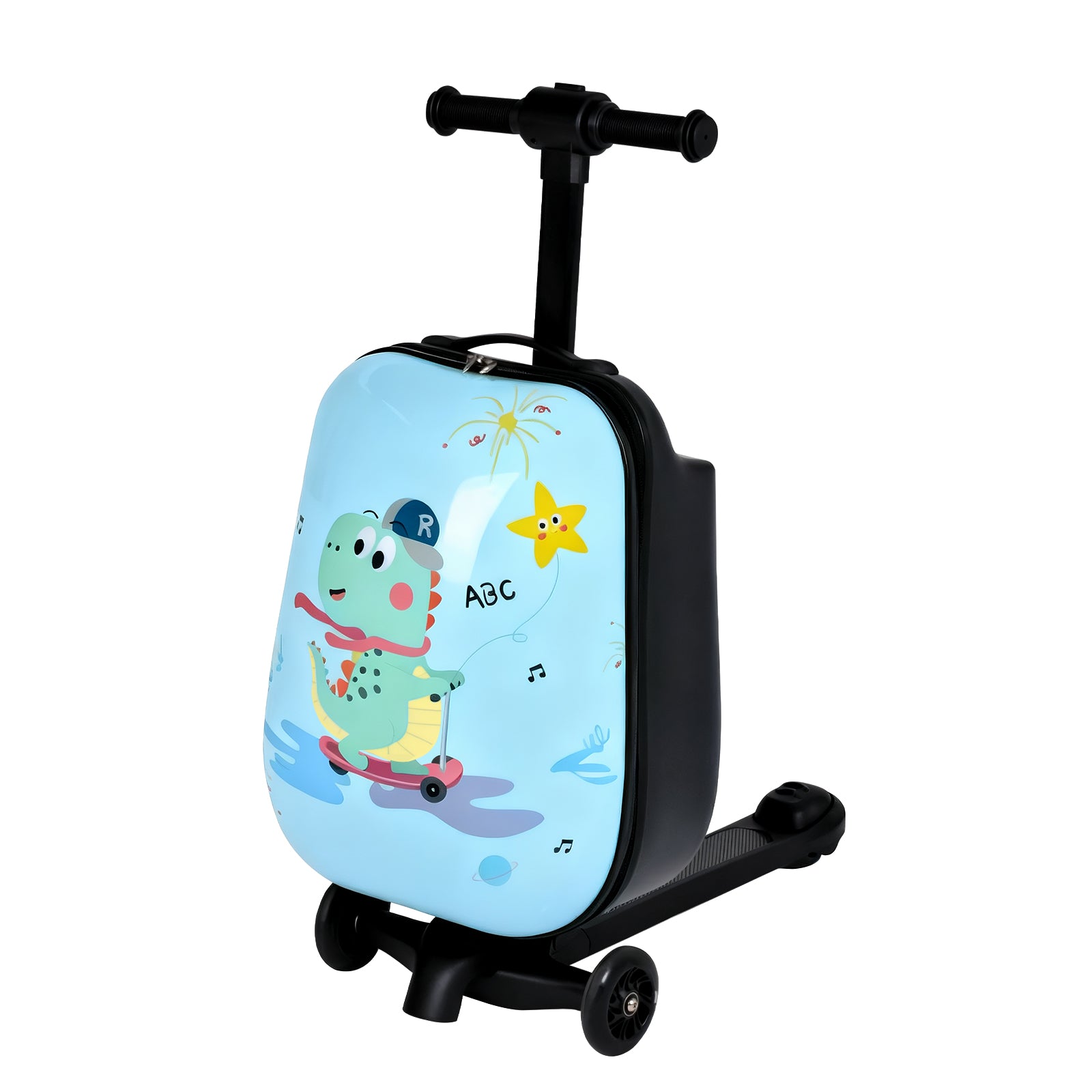 Children's suitcase with scooter attachment featuring a dinosaur design on a white background