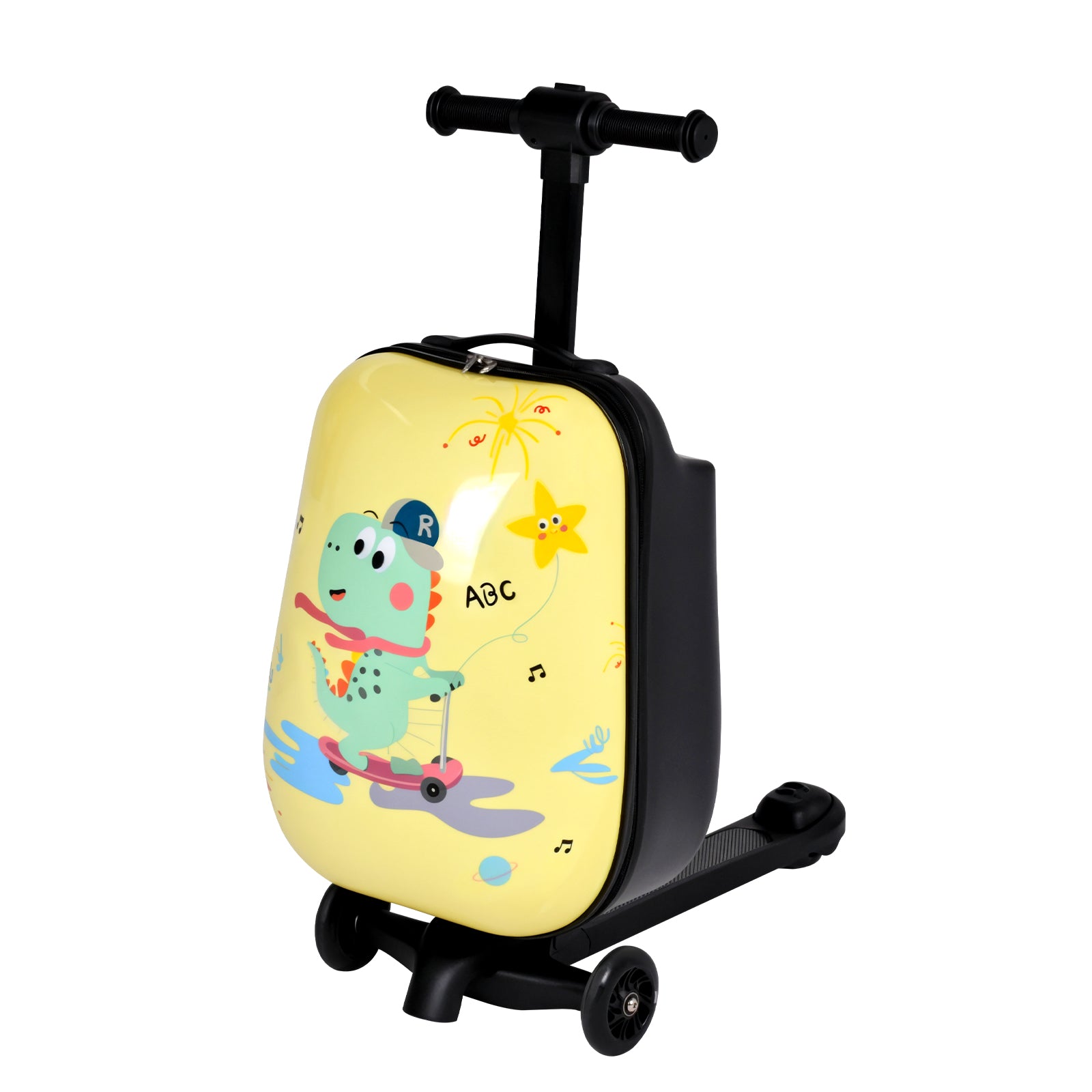 Children's suitcase with scooter attachment featuring a cartoon dinosaur design on a white background
