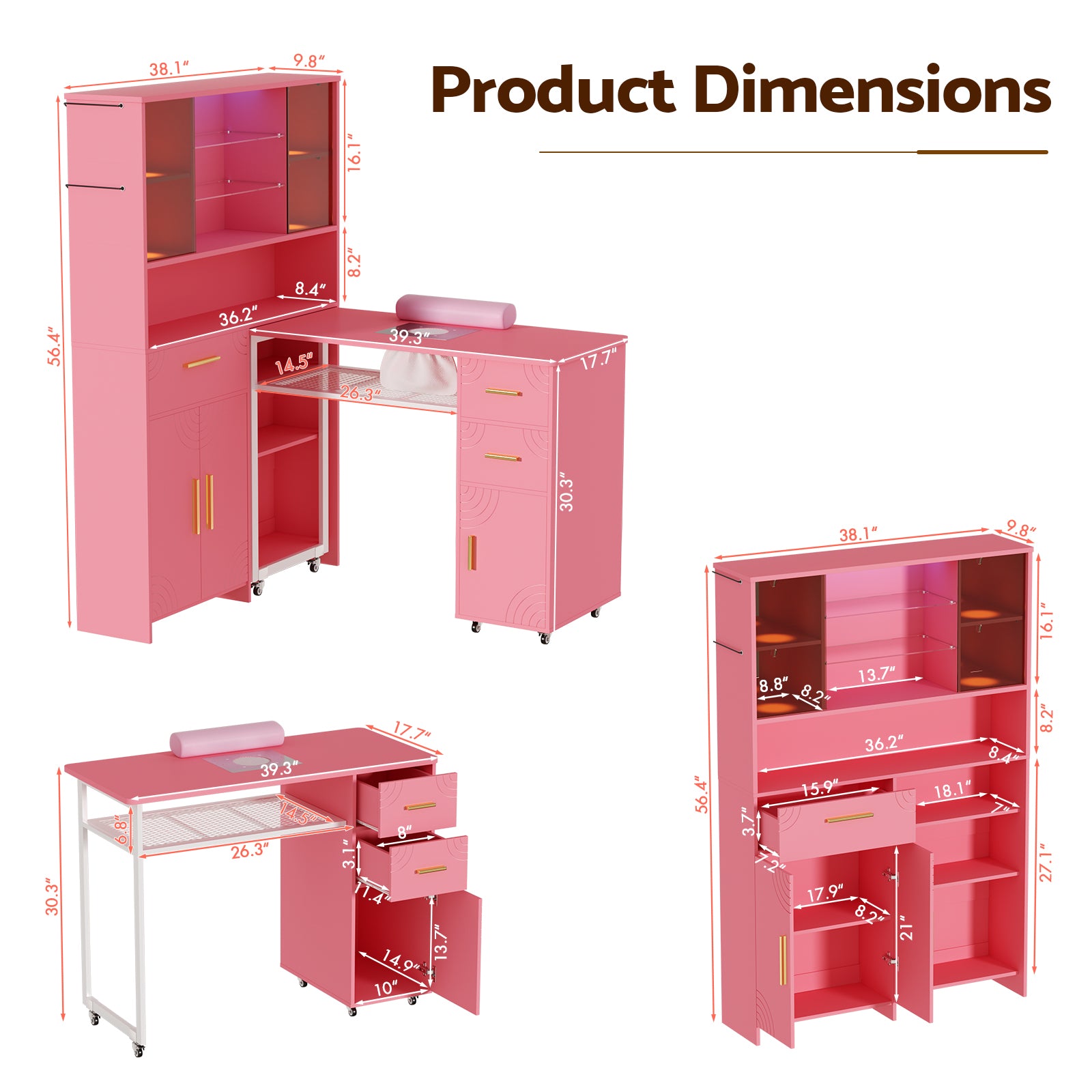 Advwin Nail Table w/ Double Tabletop & 3 Adjustable Shelves