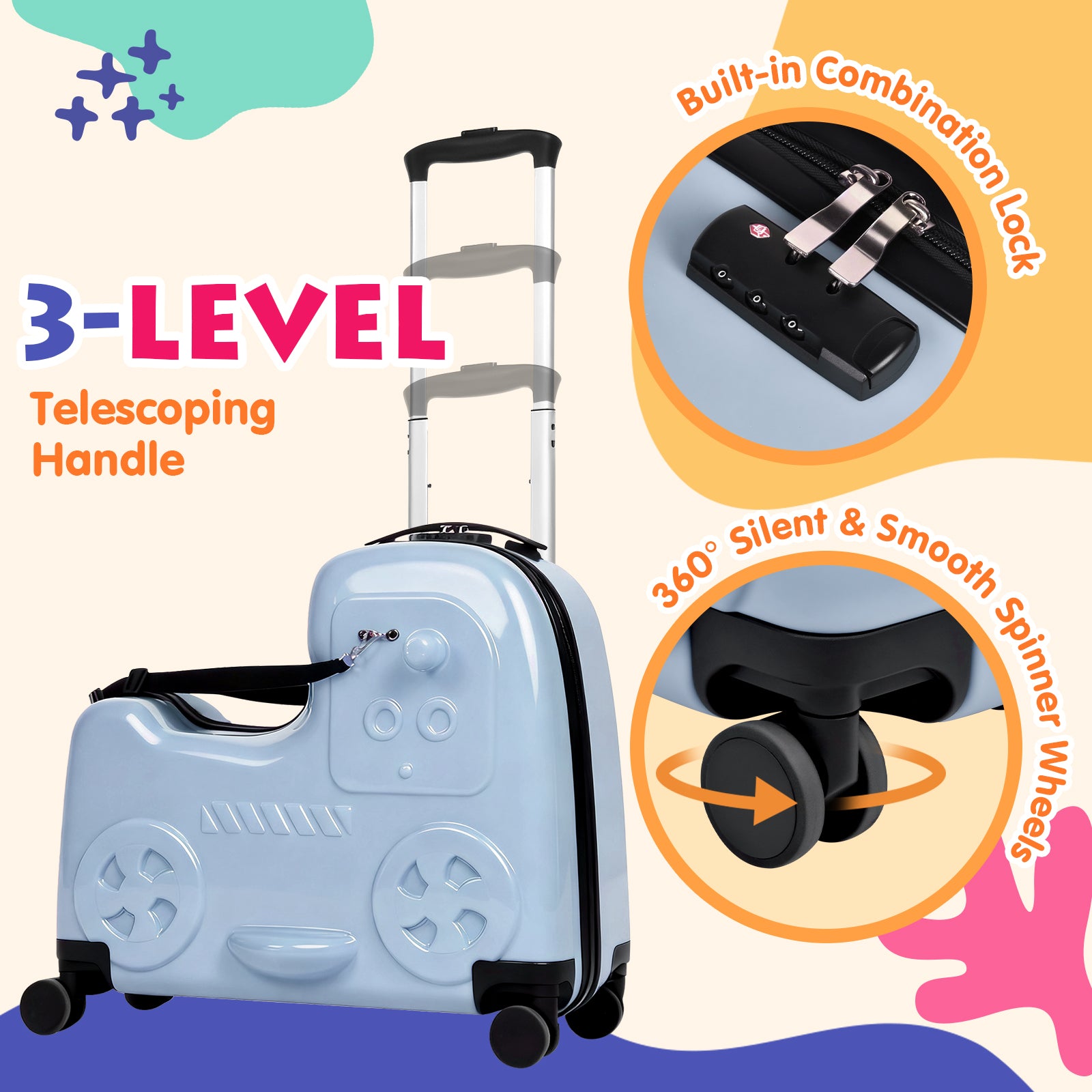 Light blue suitcase with features highlighted on a colorful background