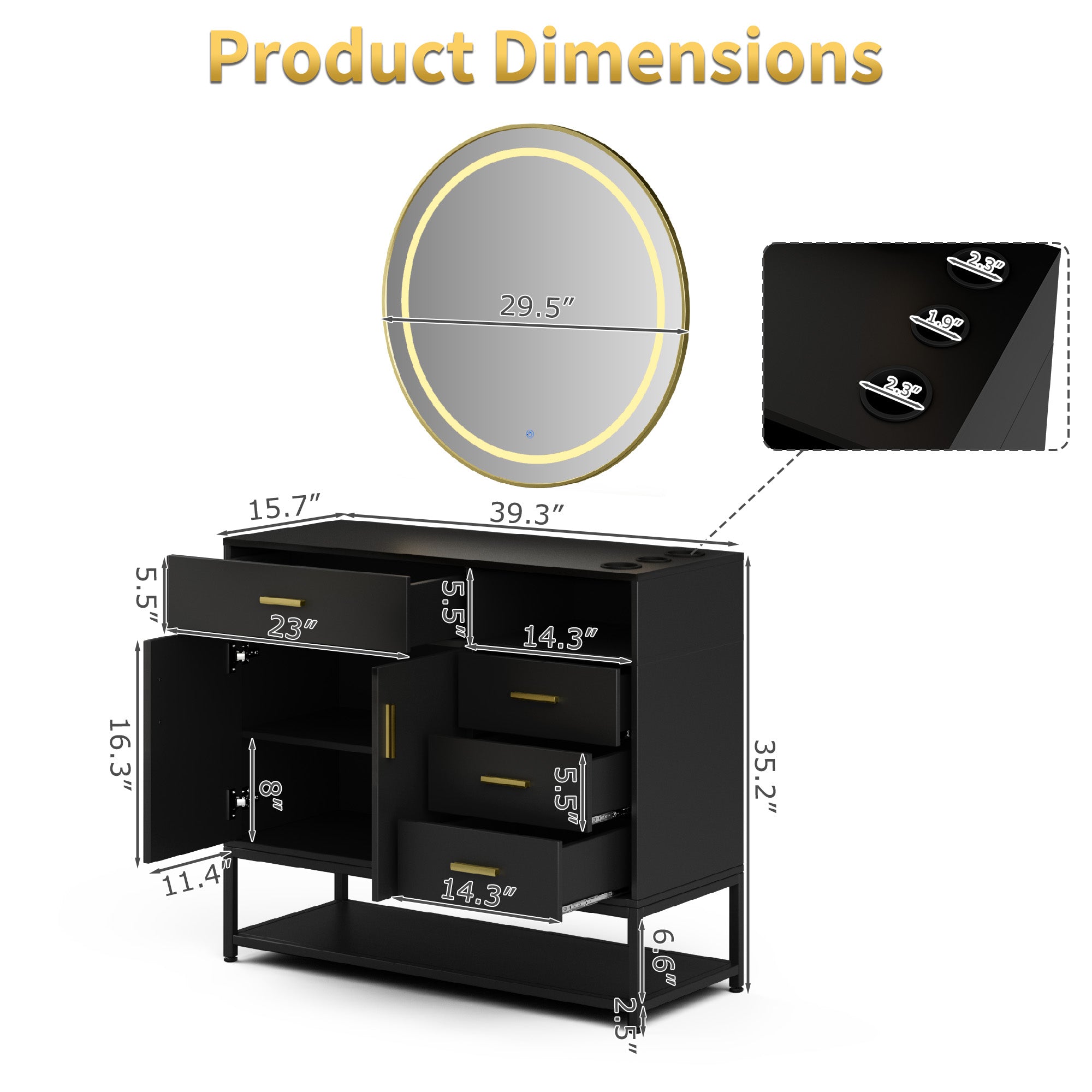 Black cabinet with dimensions labeled on a white background