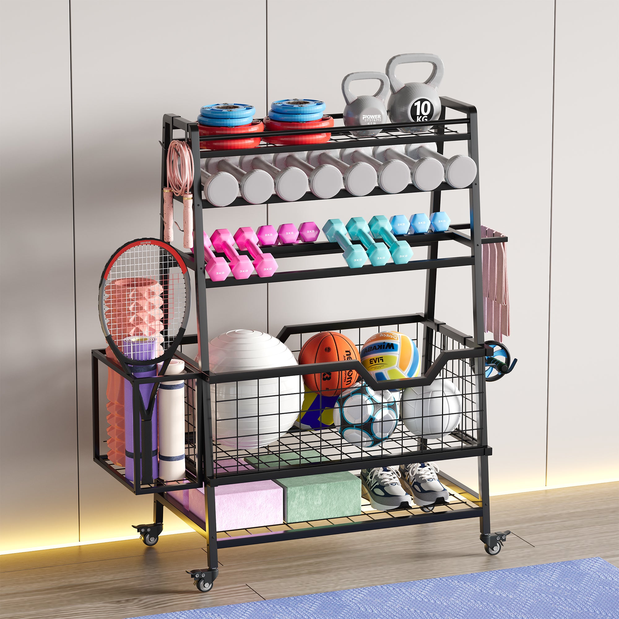 Multifunctional storage rack with fitness equipment on a wooden floor.
