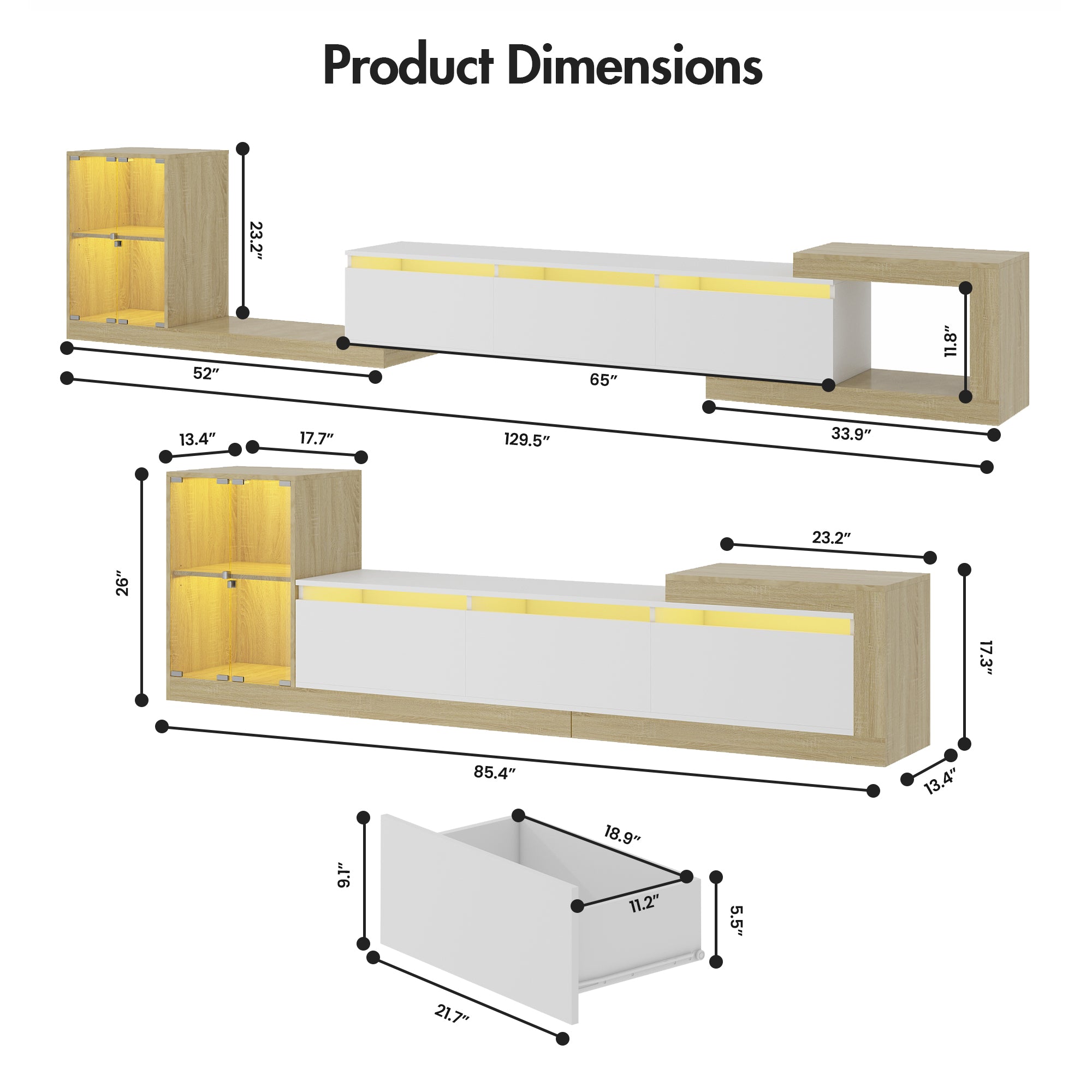 Advwin Extendable TV Stand with Glass Cabinet