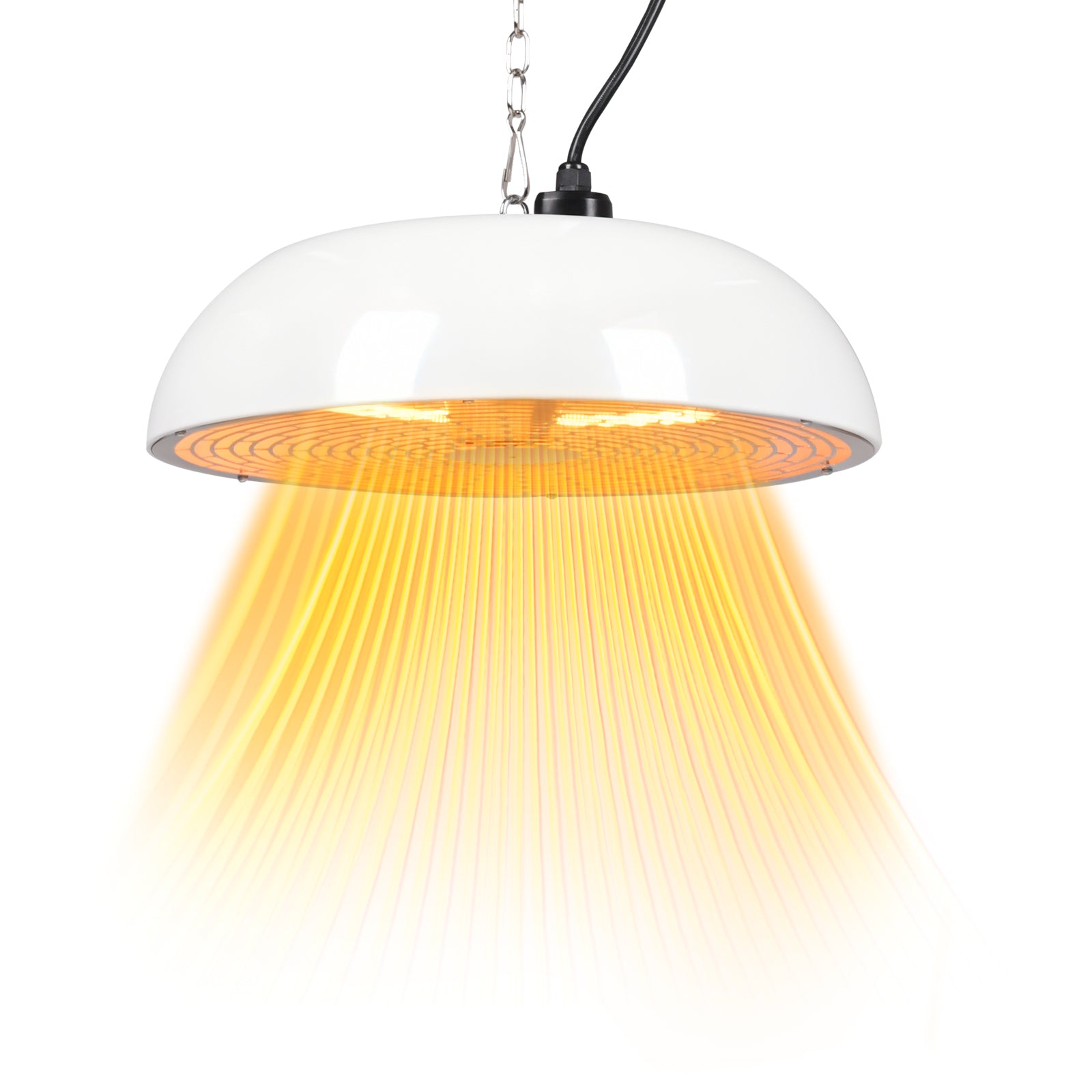 Pendant light with white shade and yellow interior on a white background
