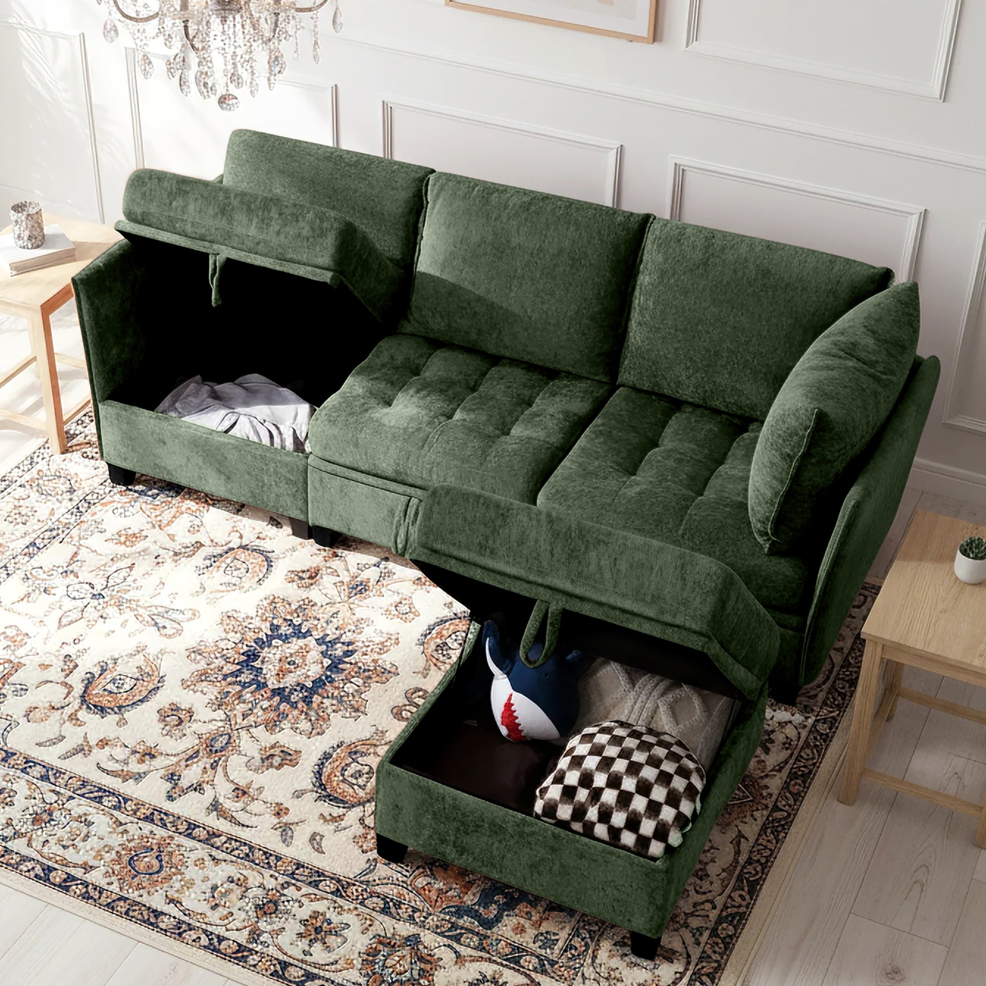 Green sectional sofa with storage compartments in a living room setting.