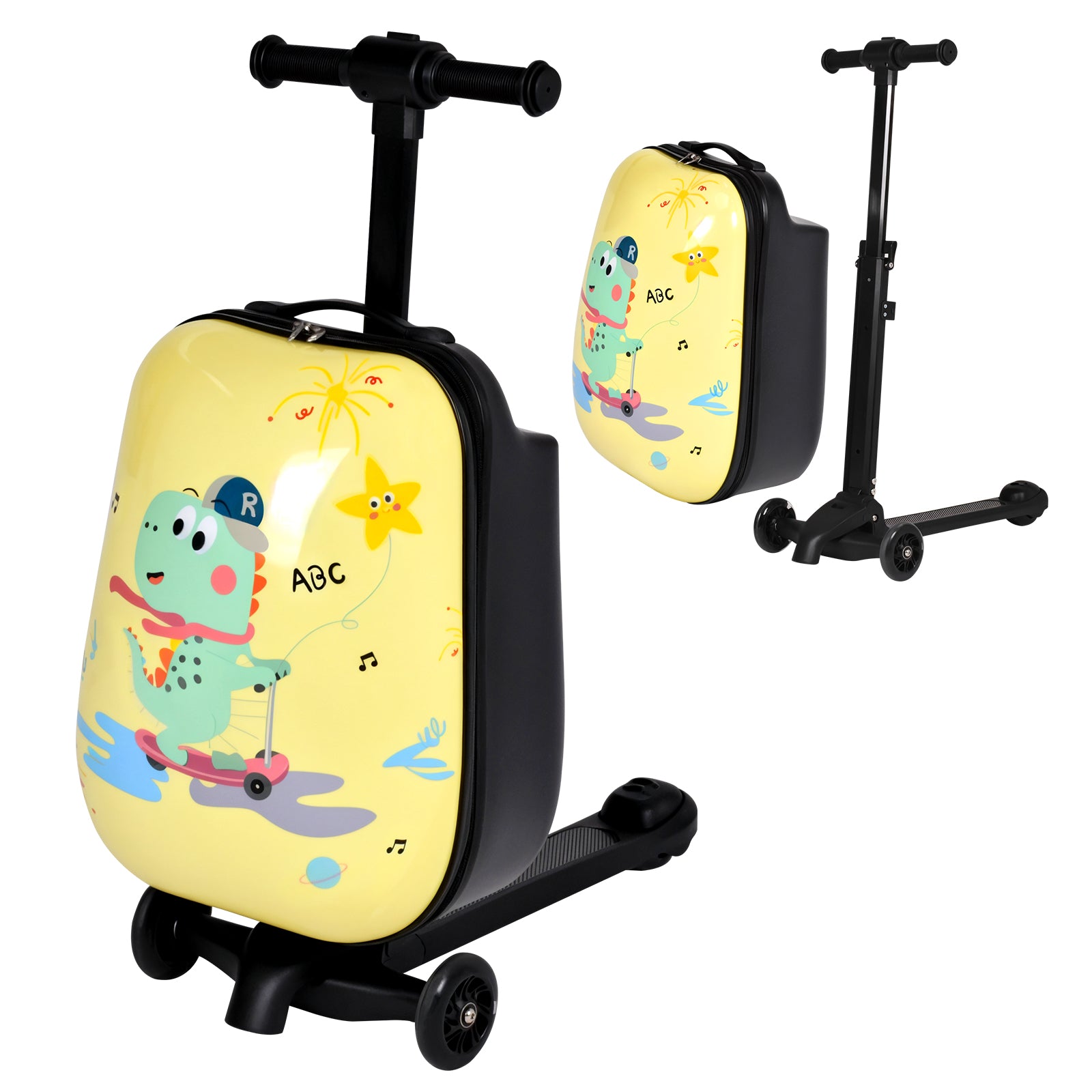 Children's suitcase with scooter attachment featuring cartoon design on a white background
