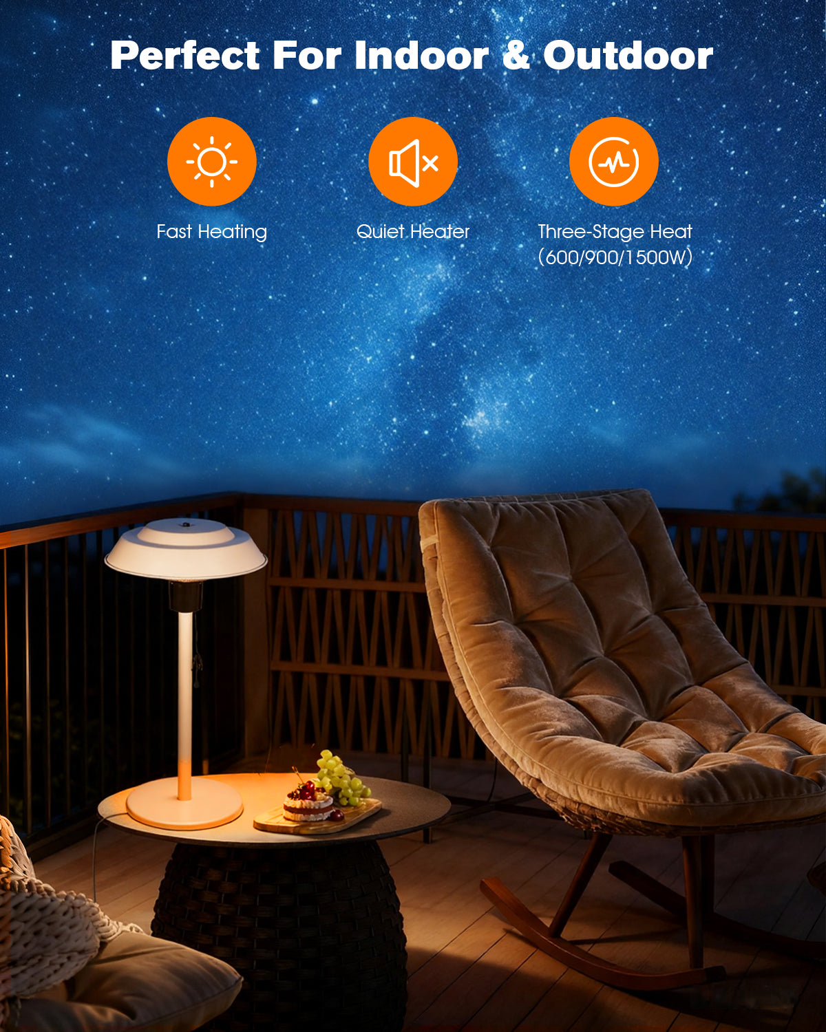 Indoor and outdoor heating device with a cozy setting on a deck.