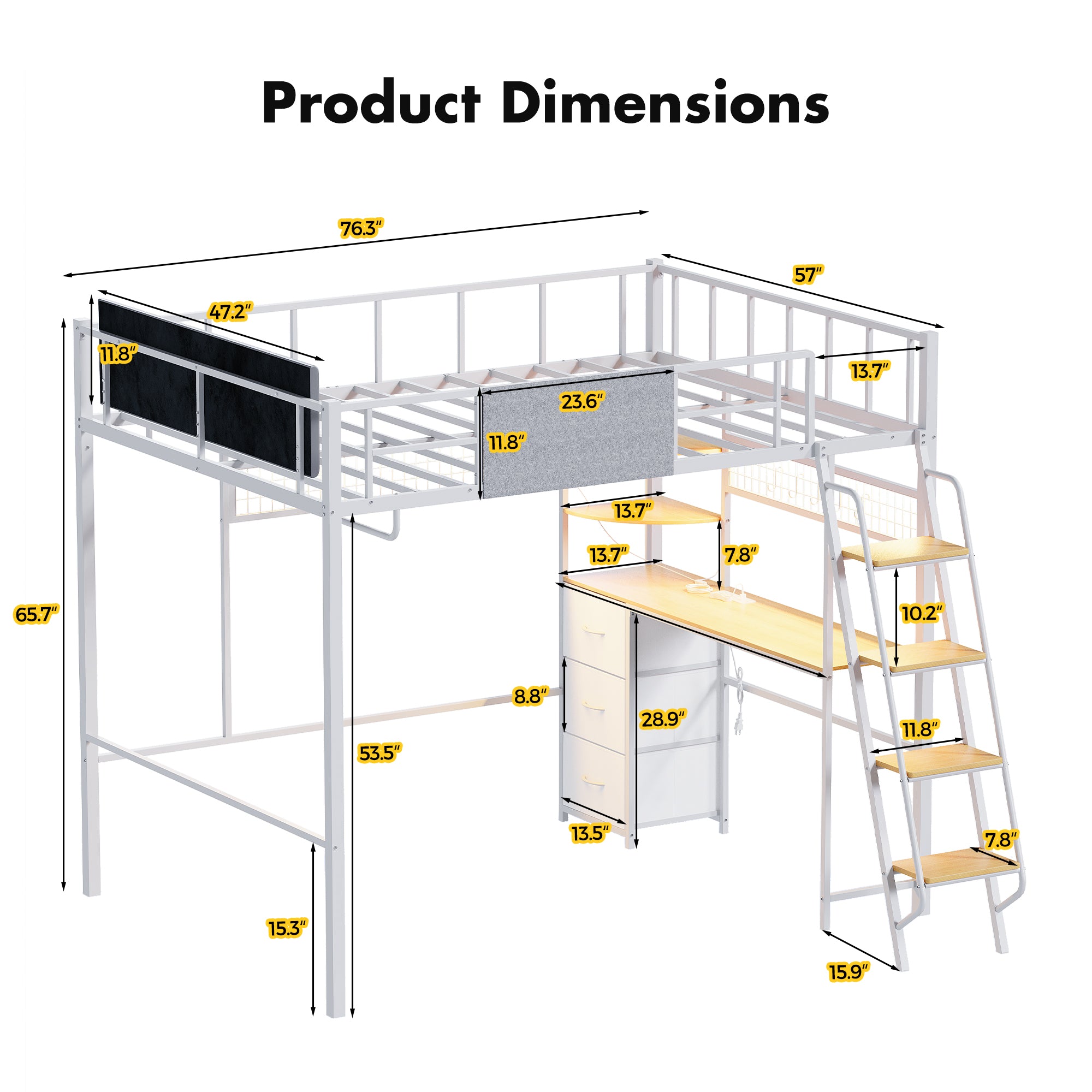 Dimensions of a loft bed with desk and stairs on a white background