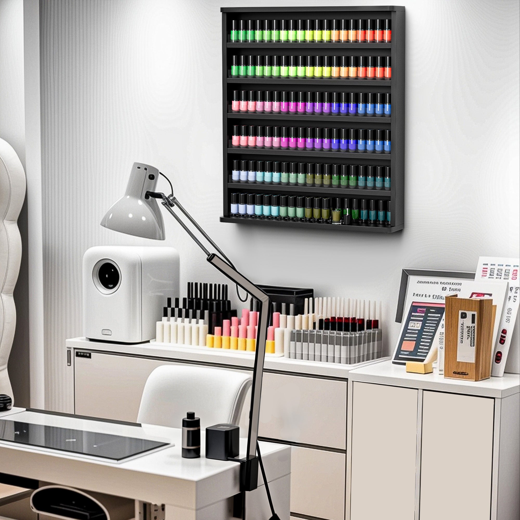 Nail salon with nail polish bottles on a wall rack and stationery on a counter.