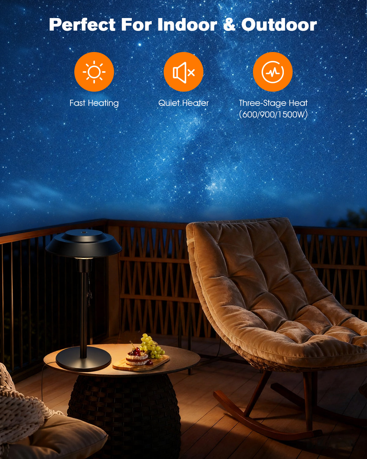 Outdoor setting with a heater, chair, and table under a starry sky.