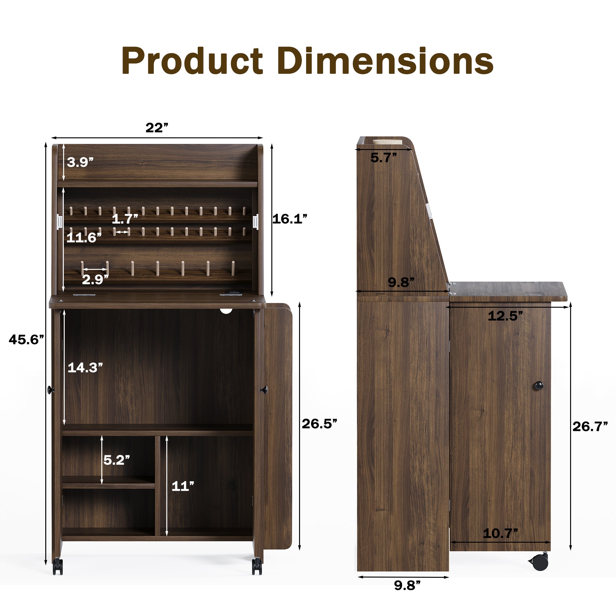 Wooden bar cabinet with dimensions labeled on a white background