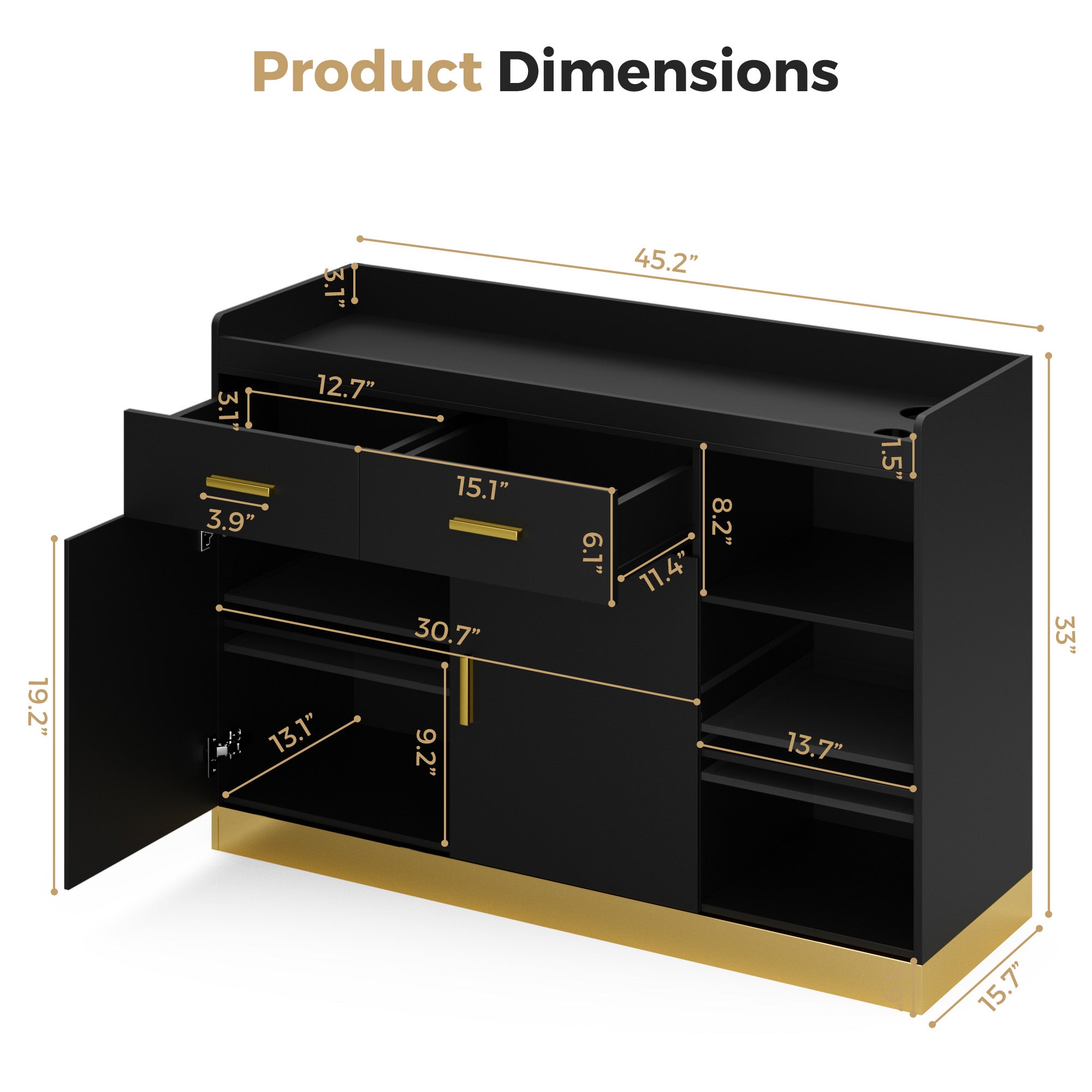 Black and gold storage unit with dimensions labeled