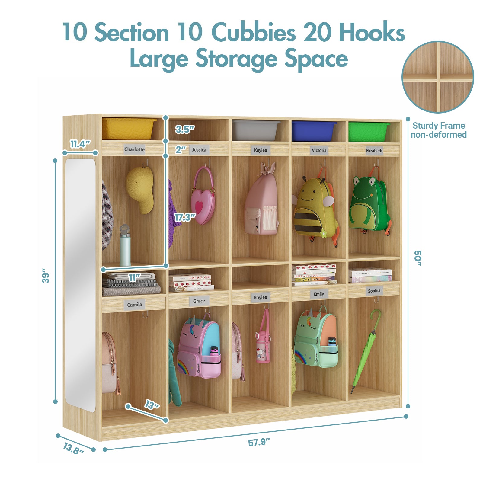 Wooden locker with 10 sections and 20 hooks, showing dimensions and storage capacity.