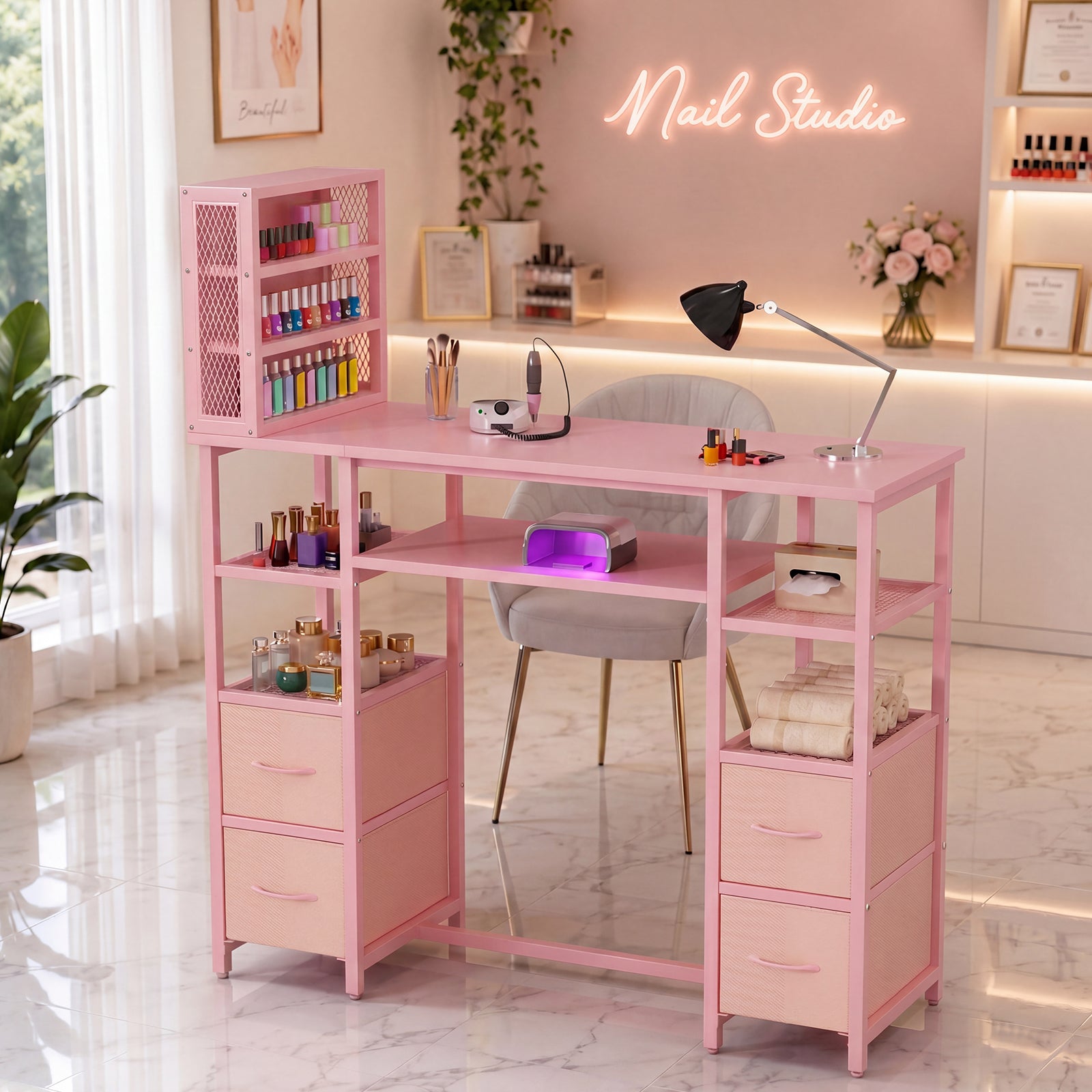 Advwin Double Tabletop Nail Desk w/ 3-Tier Storage Rack