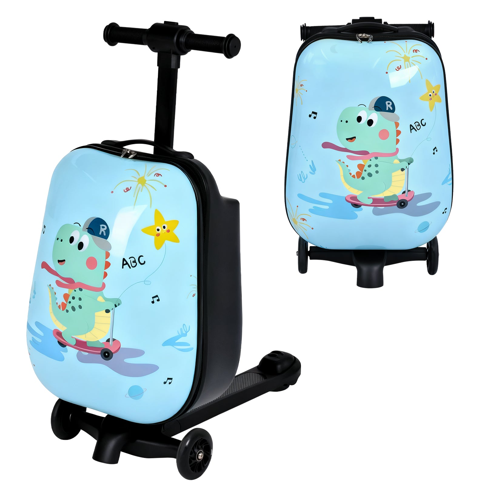 Children's suitcase with scooter attachment featuring a cartoon dinosaur design on a light blue background.