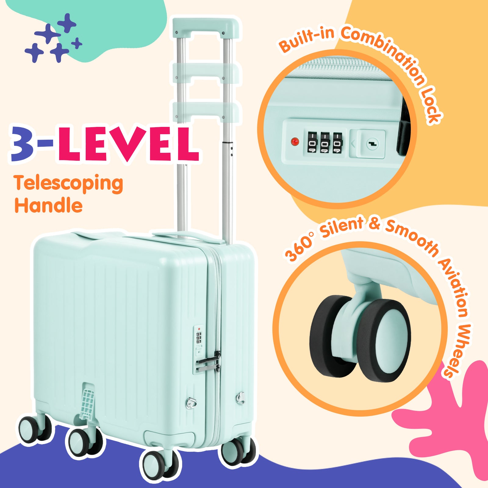 Light blue suitcase with features highlighted on a colorful background