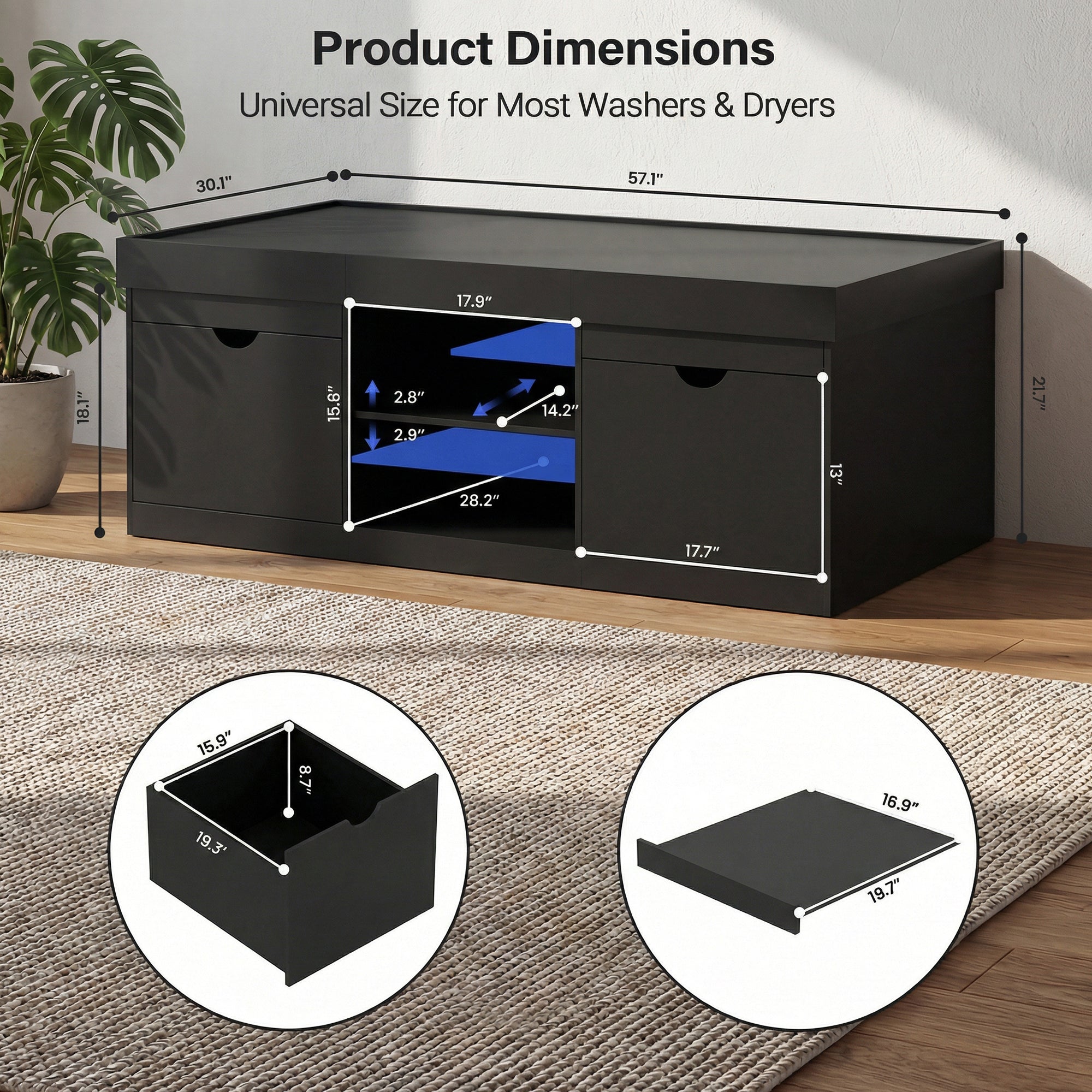 Black storage ottoman with dimensions labeled on a wooden floor.