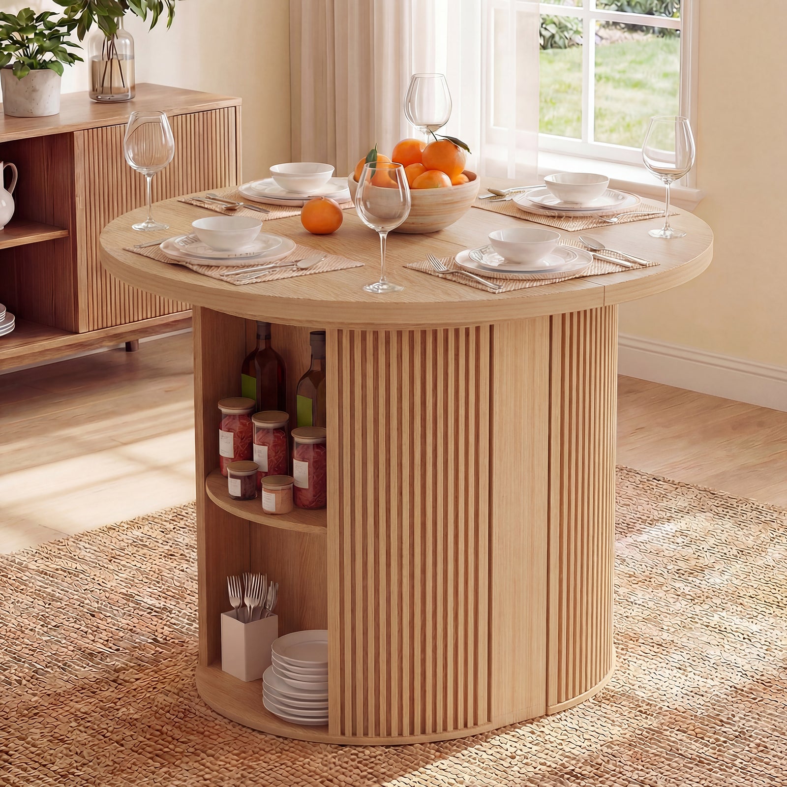 Round wooden dining table with shelves, set for a meal with plates, glasses, and fruit.