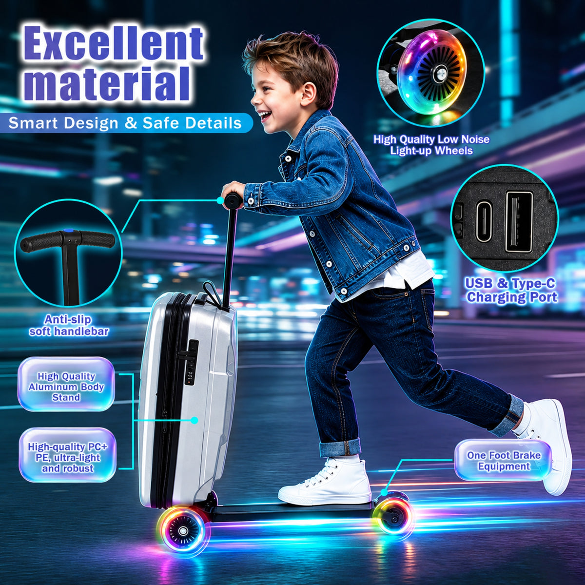 Advwin Expandable Scooter Suitcase for Kids w/ LED Wheel
