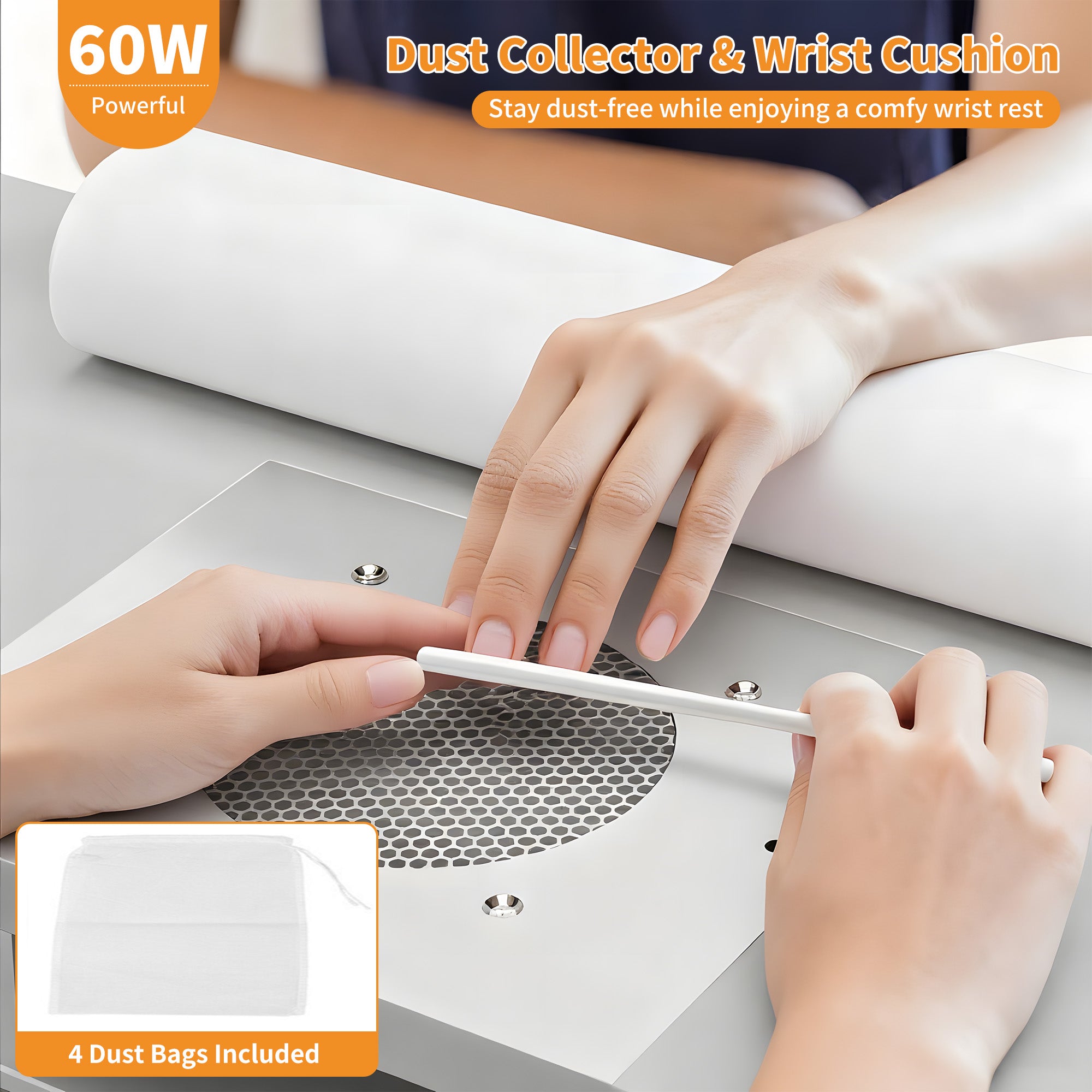 Nail polish machine with hands using it and a close-up of the device.