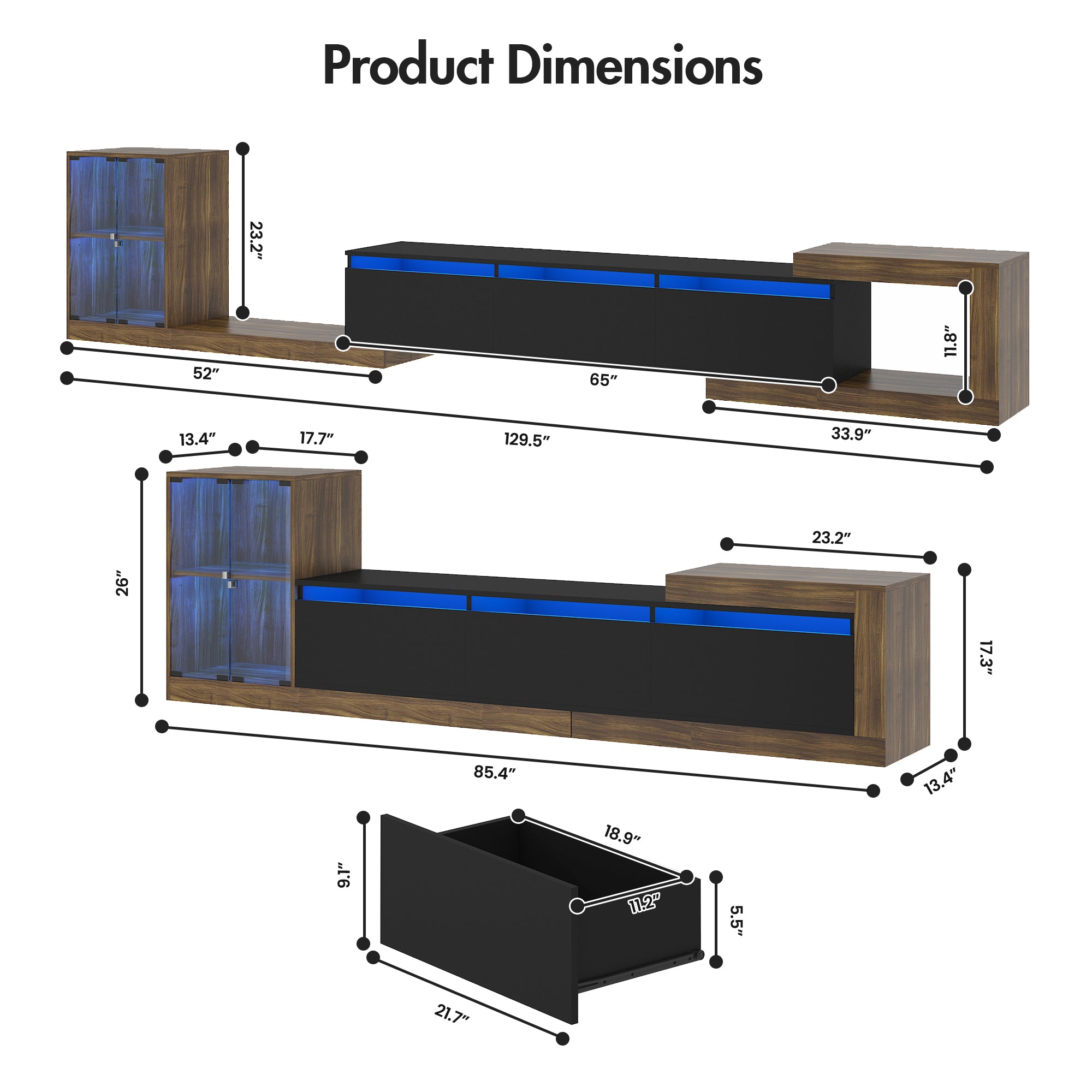 Product dimensions of a wooden entertainment console with shelves and drawers.