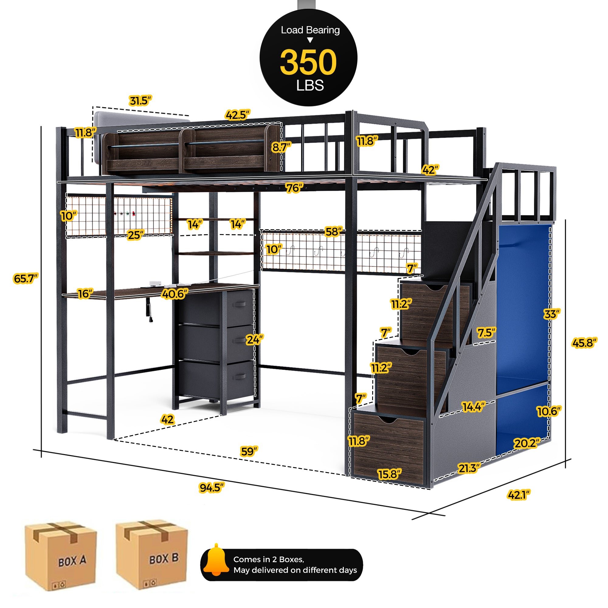 Advwin Loft Bed with Desk and Stairs (Low Stock)