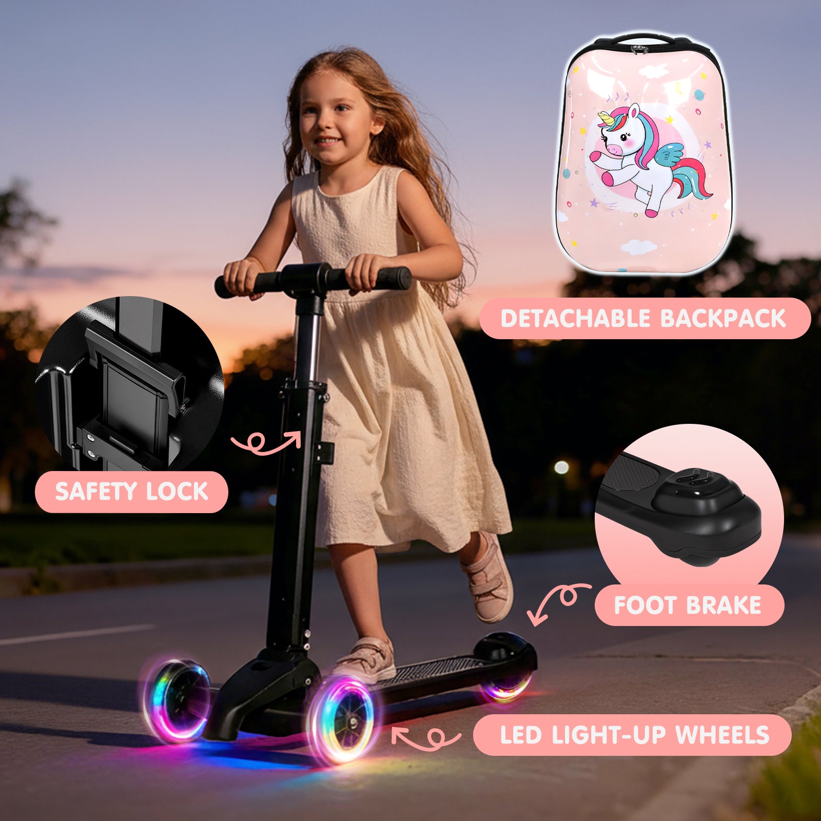 Child riding a scooter with features highlighted, including LED light-up wheels and a detachable backpack.