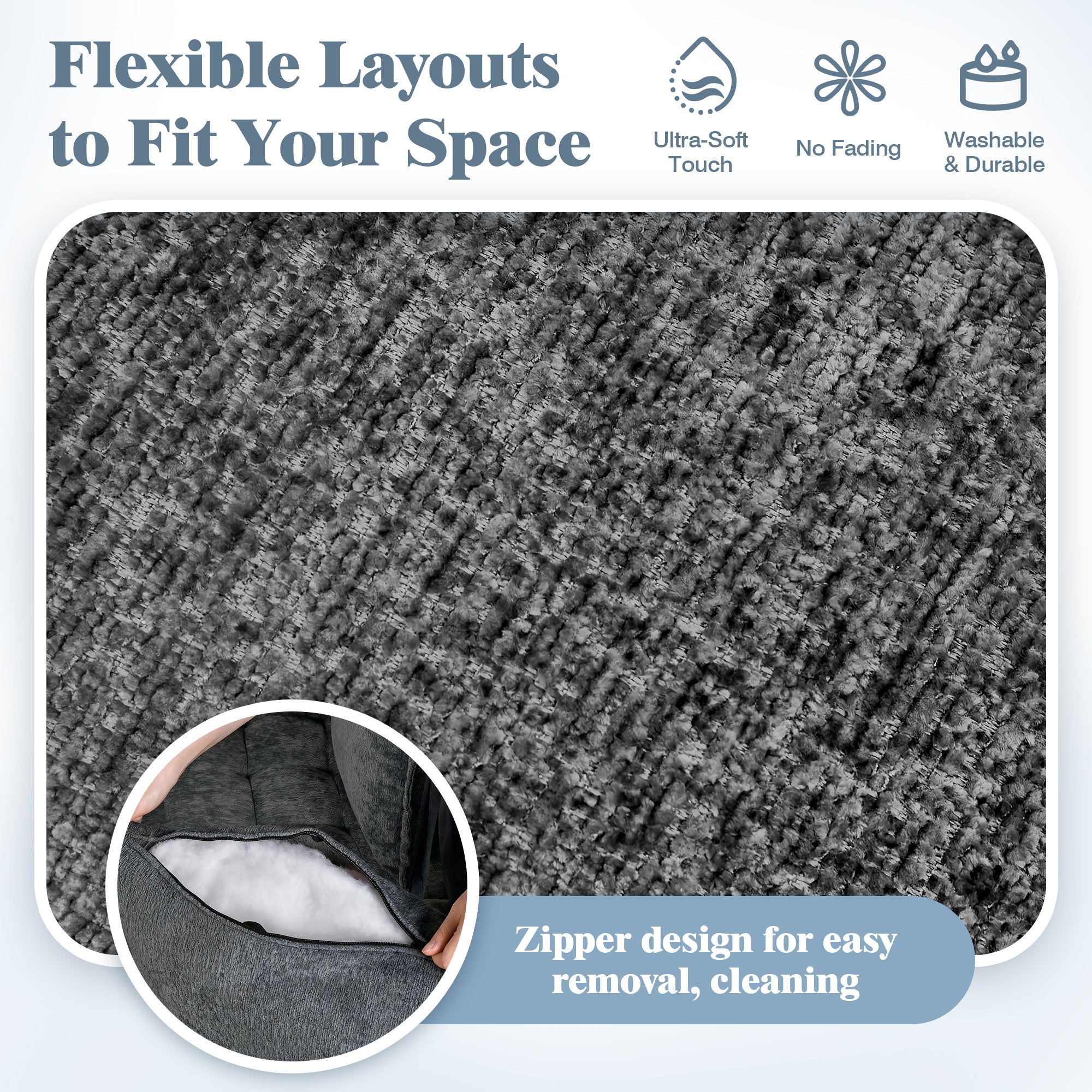 Gray textured rug with zipper design for easy cleaning on a light blue background