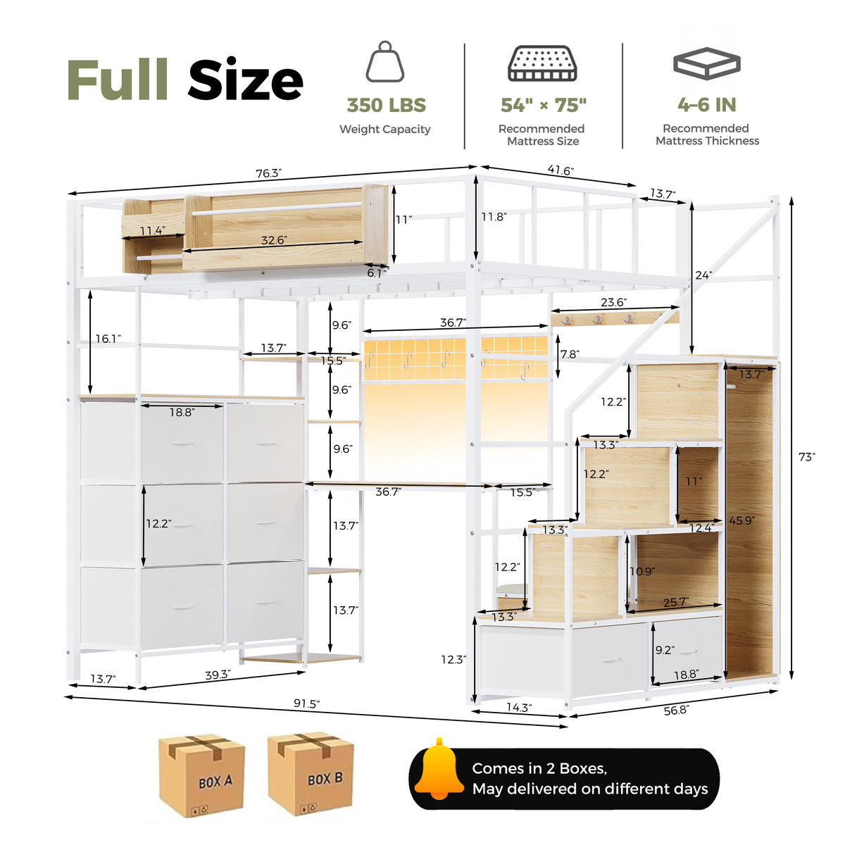 Advwin Loft Bed w/ Storage Stairs & 6-Drawer Dresser
