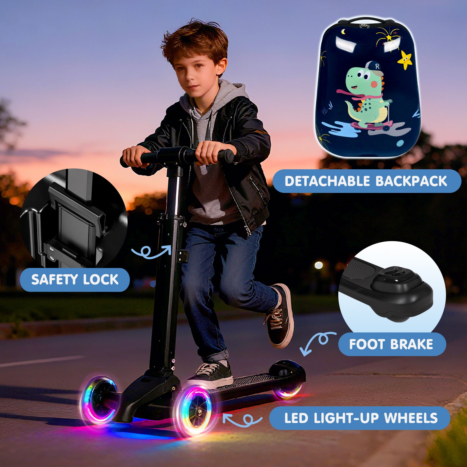 Child riding a scooter with features highlighted, including LED light-up wheels, safety lock, foot brake, and detachable backpack.