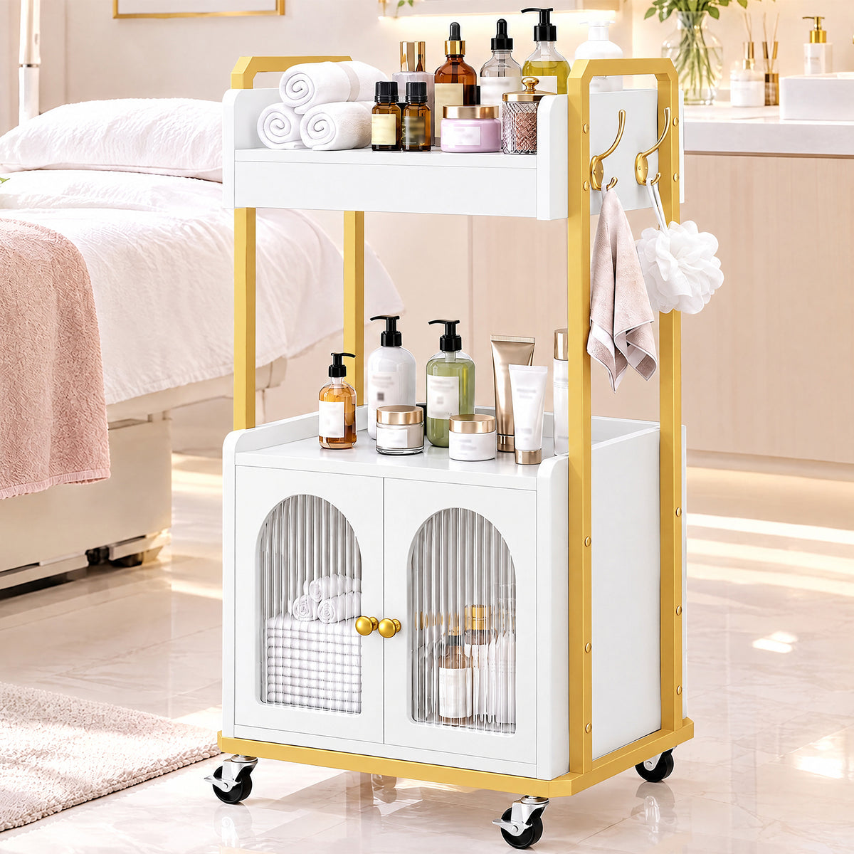 Advwin Rolling Salon Cart with Glass Door Cabinet