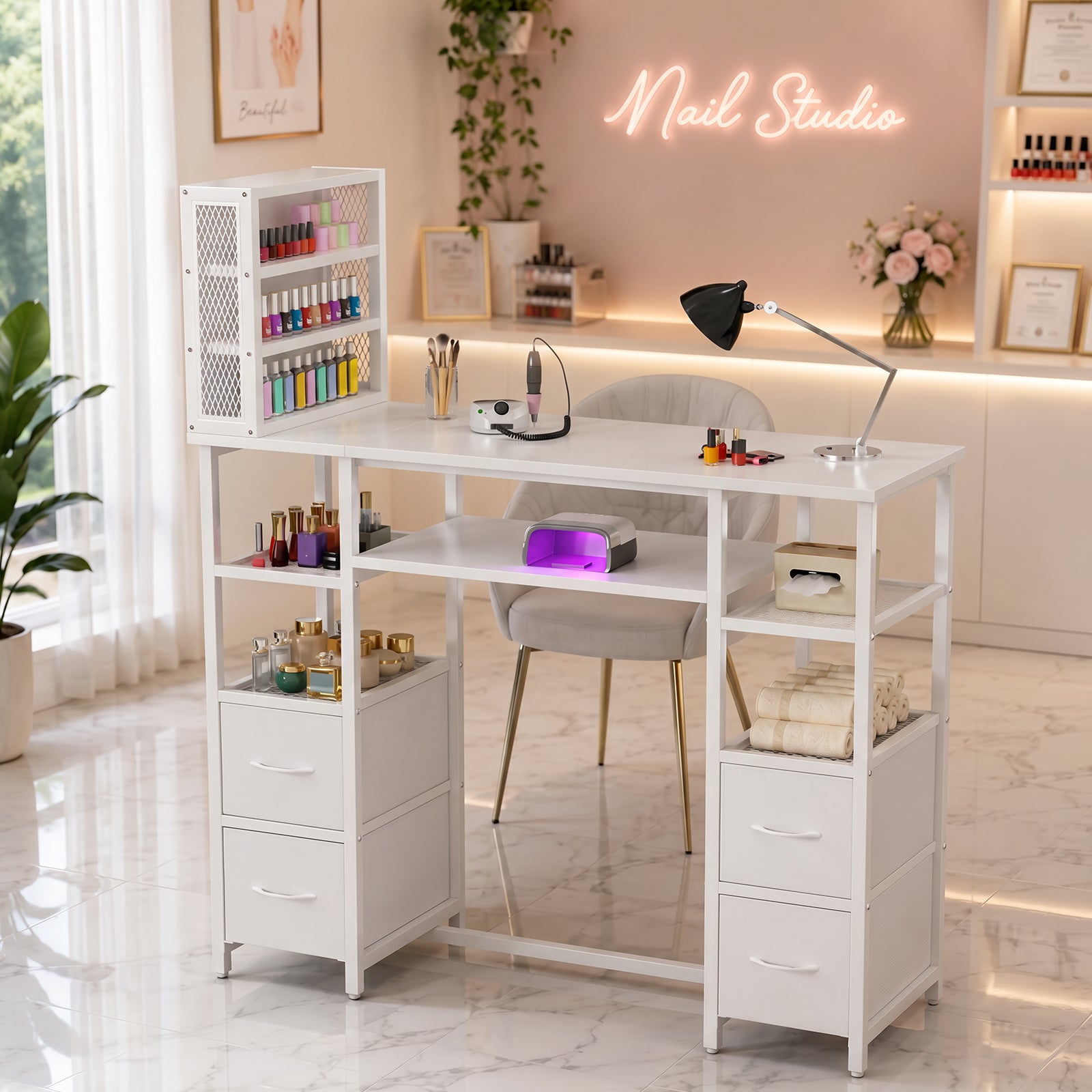 Advwin Double Tabletop Nail Desk w/ 3-Tier Storage Rack