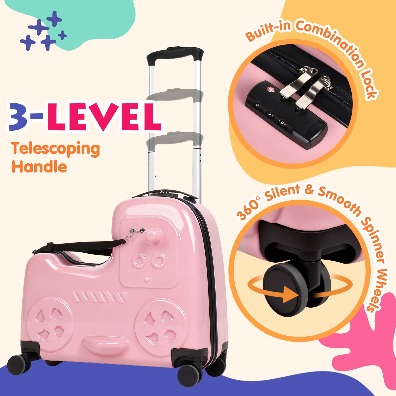 Pink suitcase with features highlighted on a colorful background