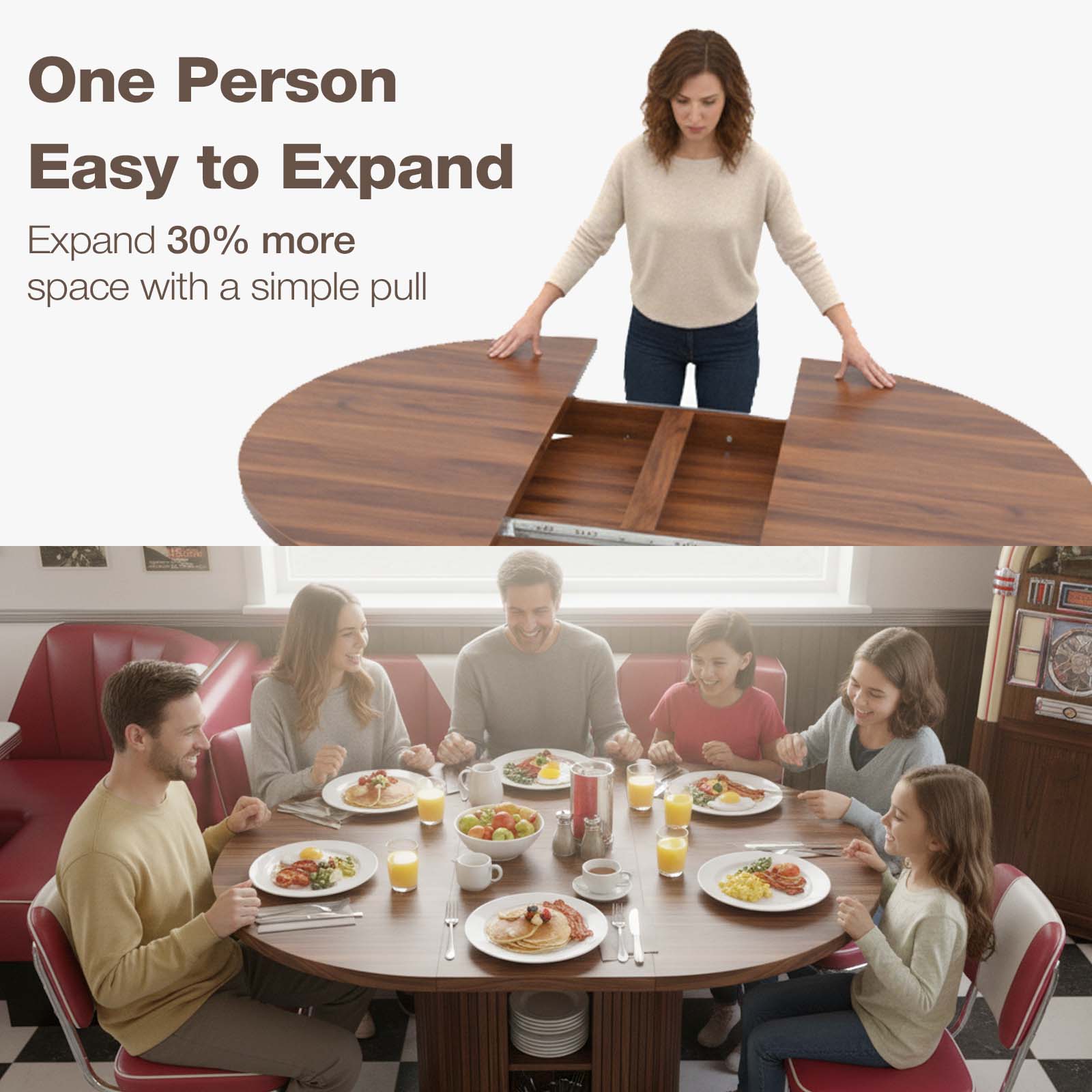 Woman expanding a wooden dining table with text indicating it can expand by 30%.