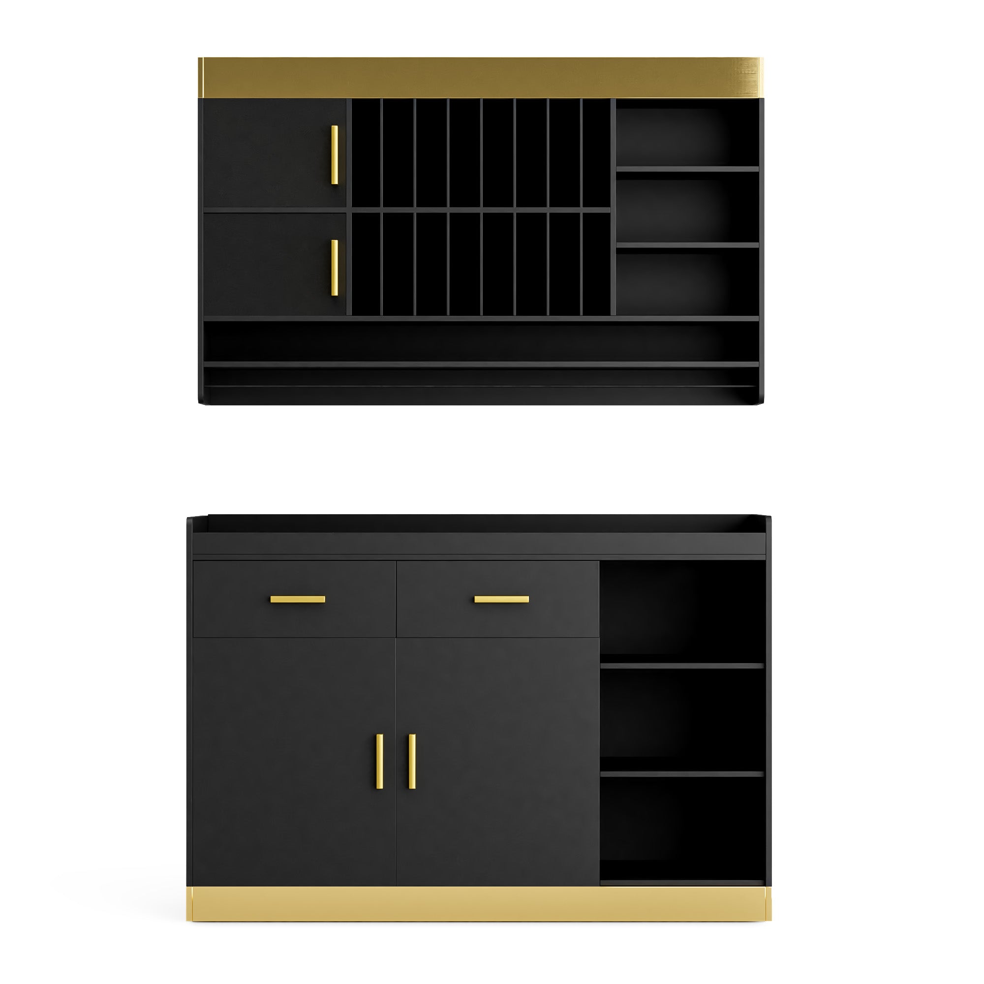 Black and gold cabinet with shelves and drawers on a white background