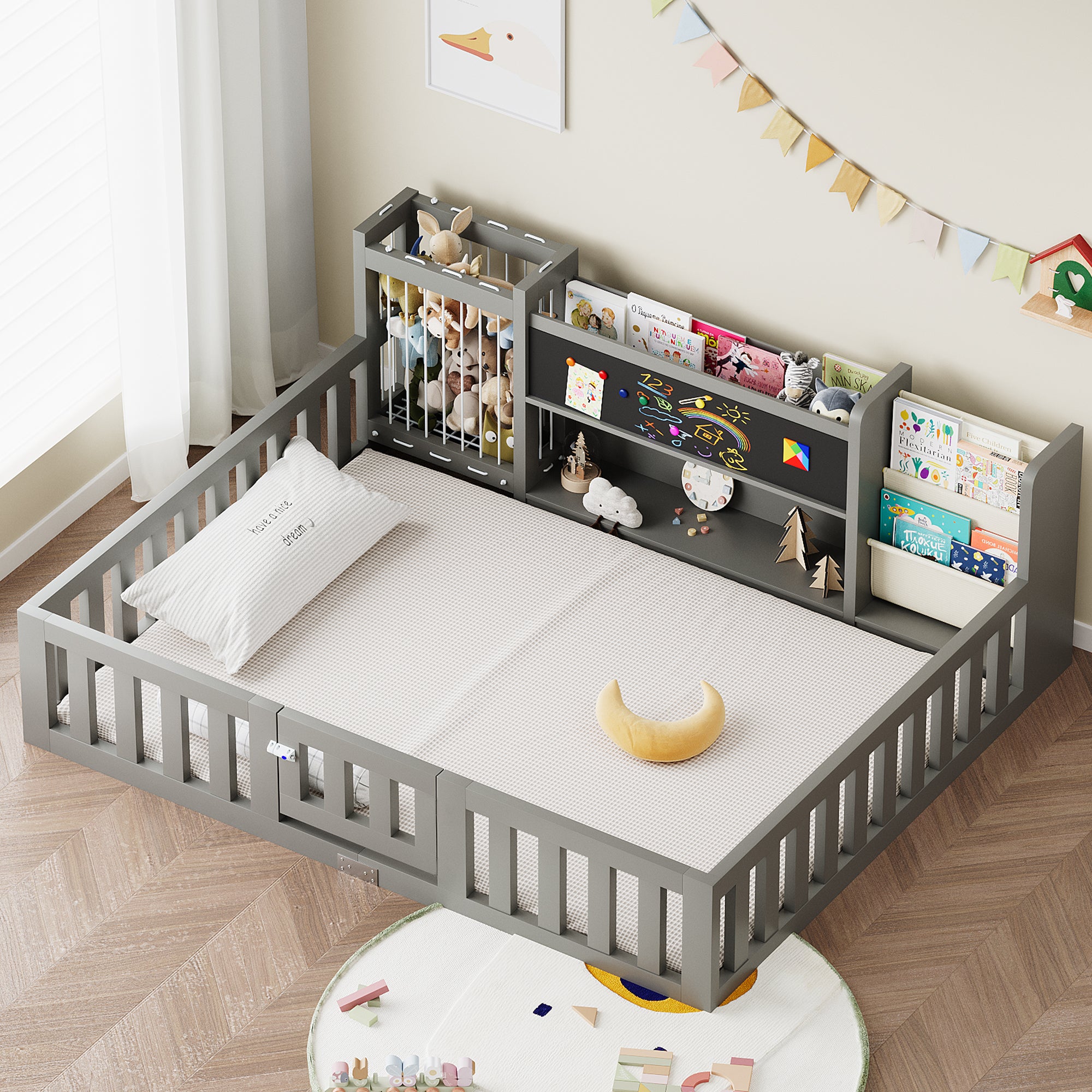 Advwin Toddler Floor Bed with Door & Safety Rails