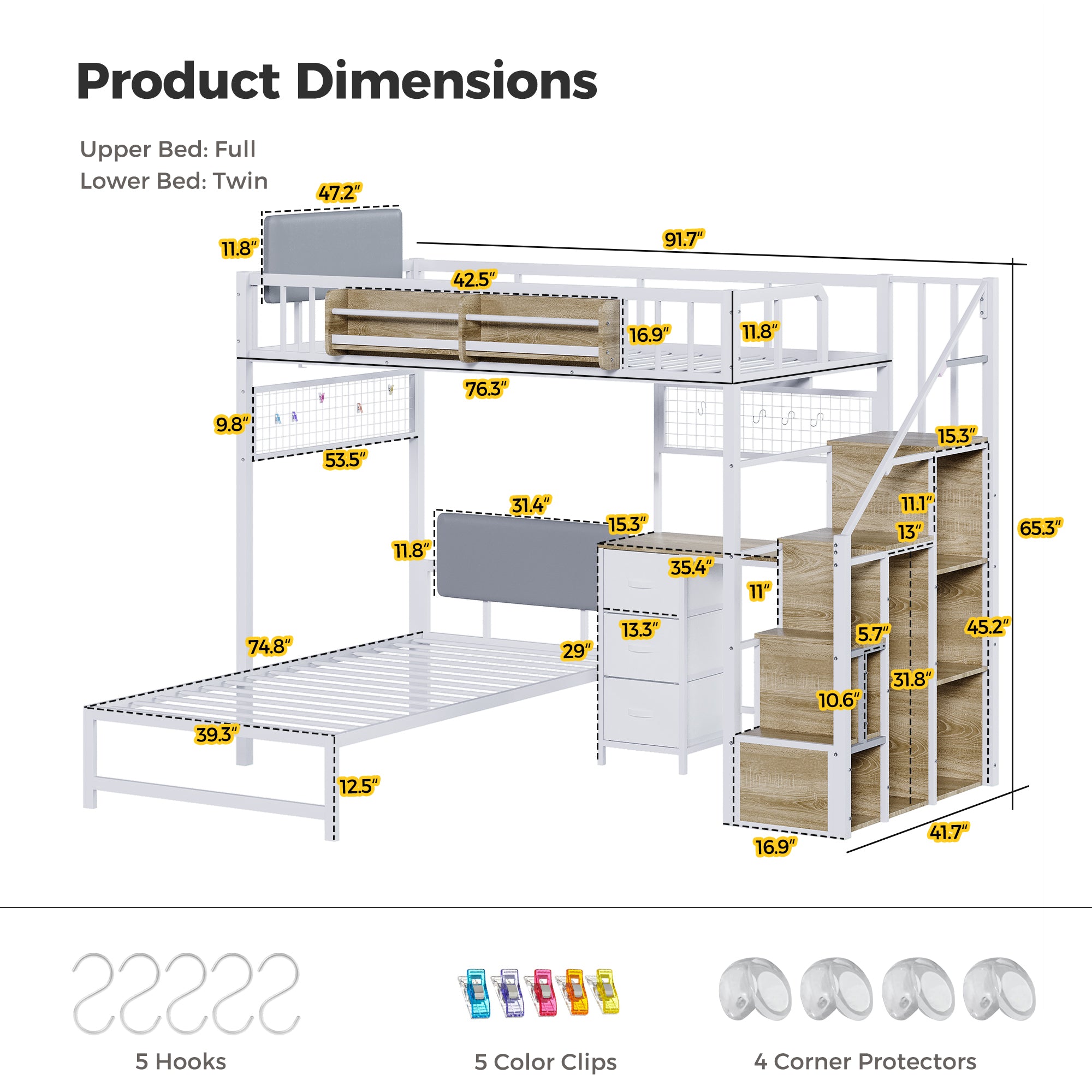 Measurement chart of a metal bunk bed with dimensions labeled