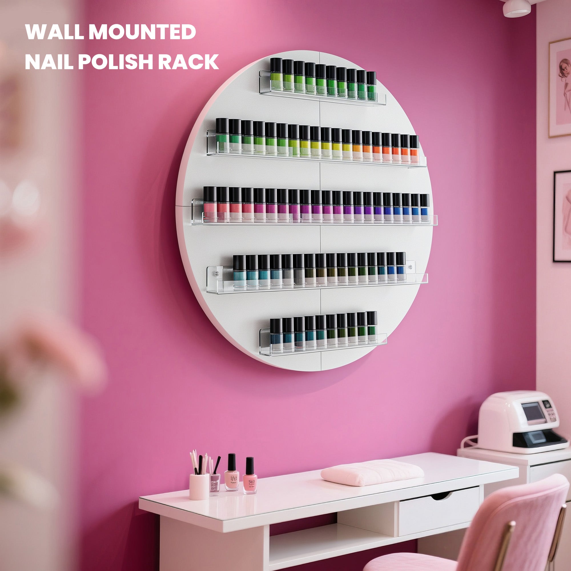 Wall-mounted nail polish rack with various colors against a pink wall in a salon setting.
